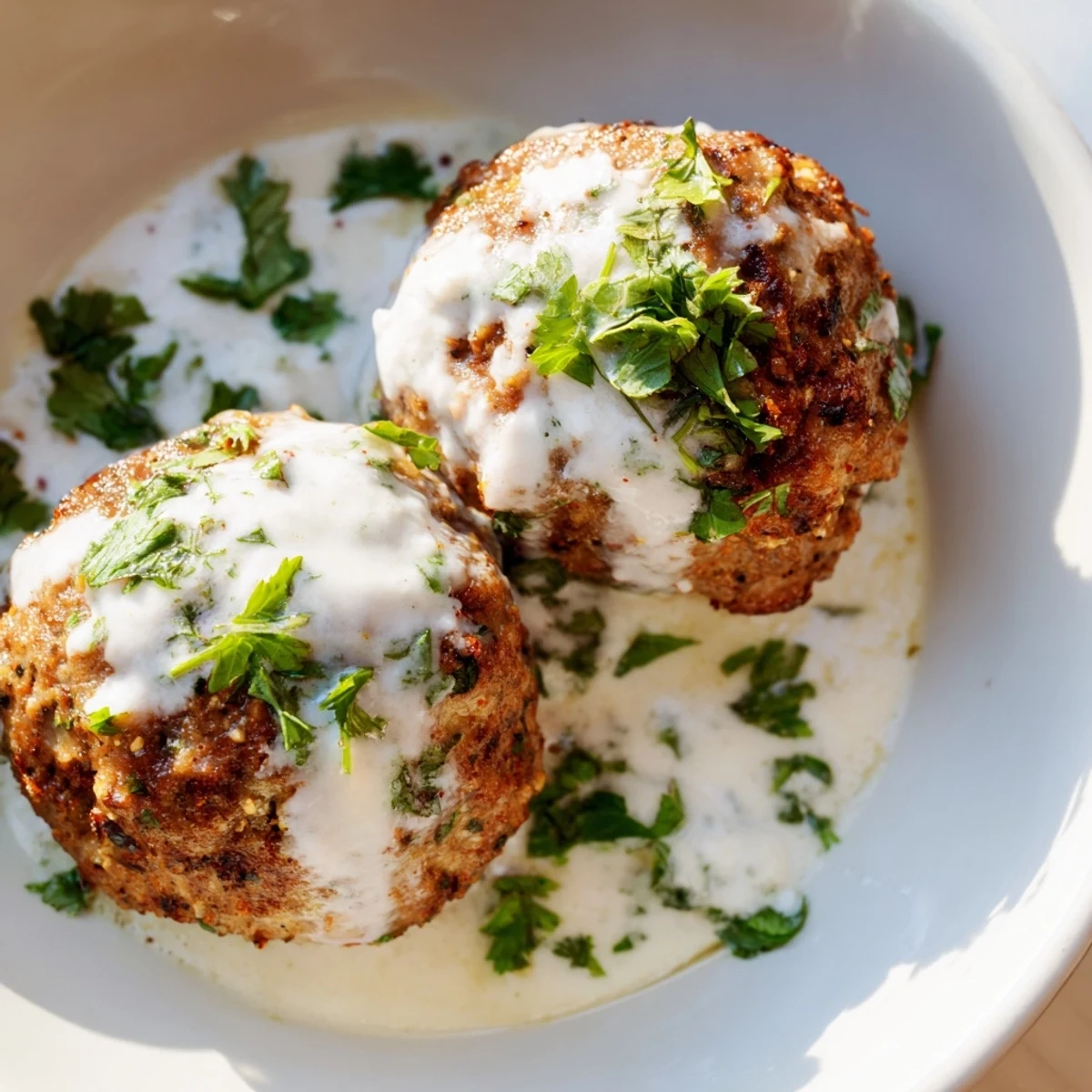 Golden-brown Chicken Kofta meatballs glistening with olive oil, nestled next to a bowl of creamy garlic yogurt sauce.