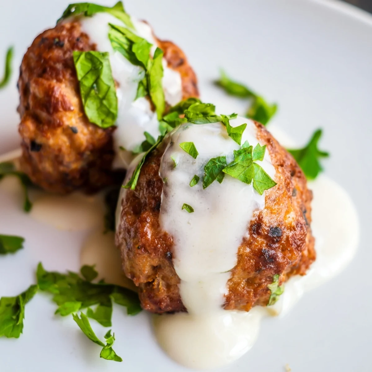 Freshly cooked Chicken Kofta arranged on a platter, garnished with chopped herbs and served with lemon wedges.