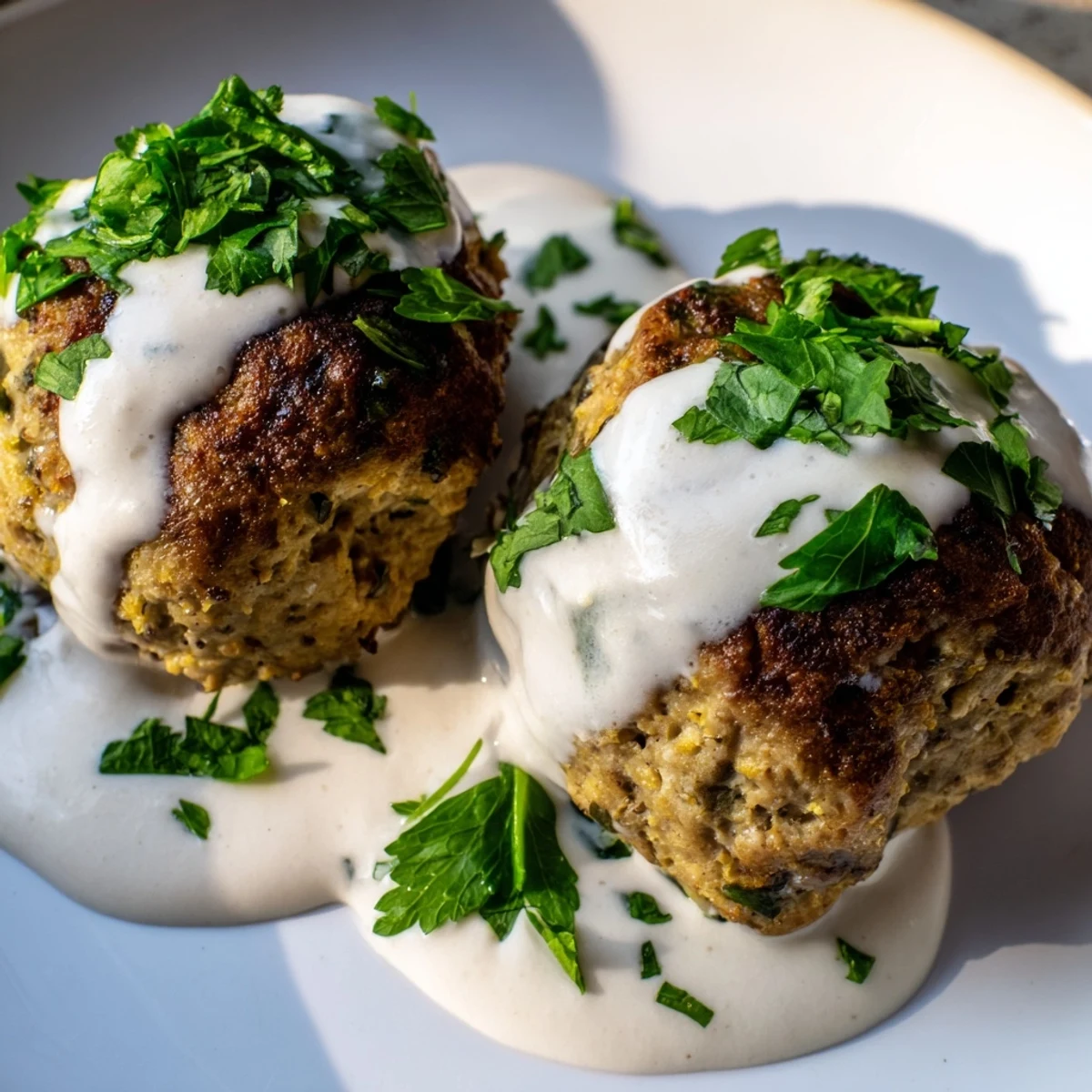 Juicy Chicken Kofta with creamy garlic yogurt sauce, ready to serve as a comforting main dish for dinner.