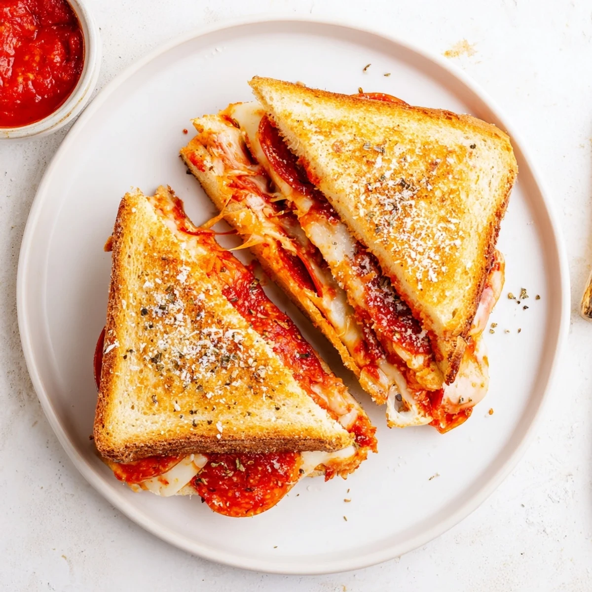 An overhead view of a Pizza Grilled Cheese sandwich on a plate, accompanied by a small bowl of warm marinara dipping sauce and a sprinkle of Parmesan.