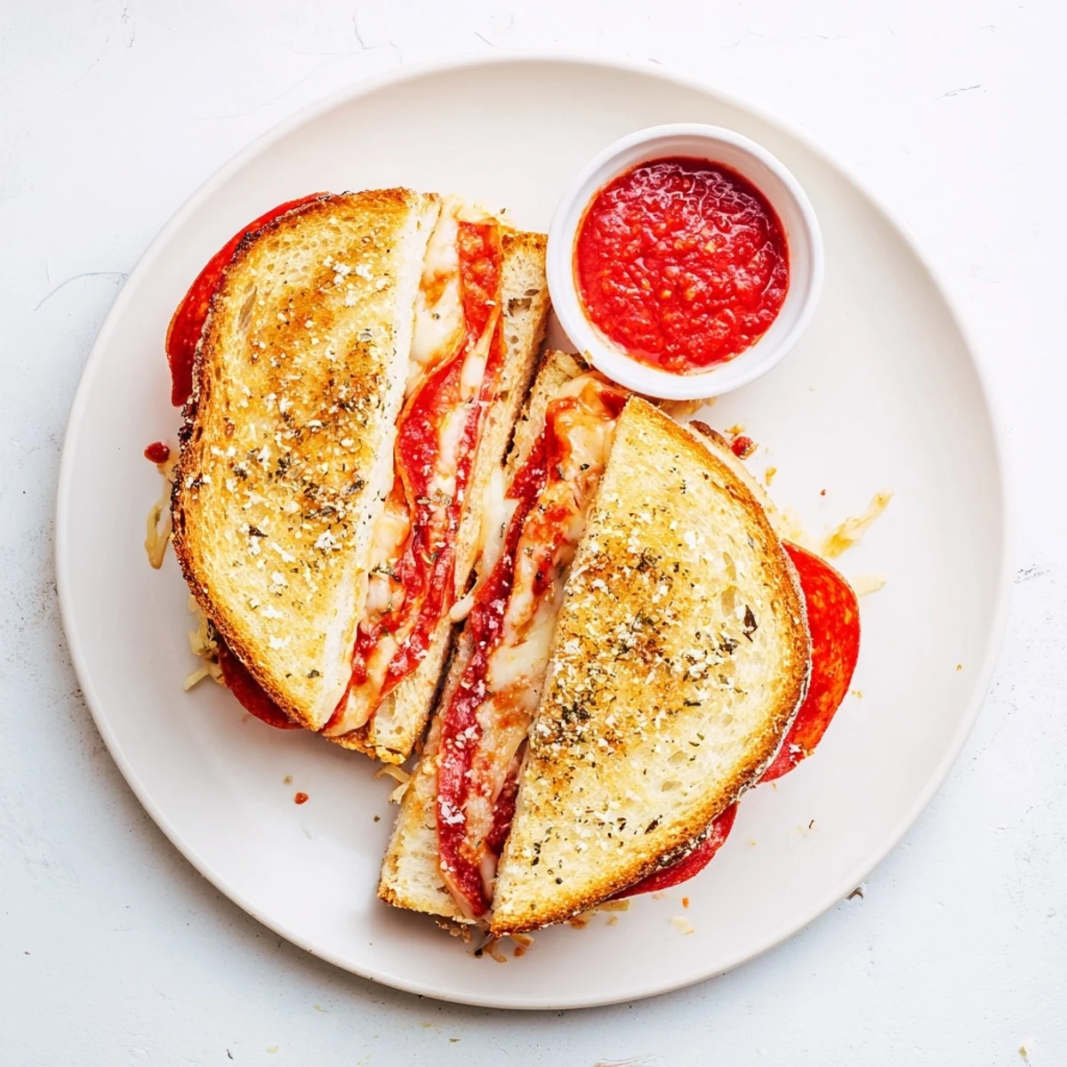 A freshly made Pizza Grilled Cheese sandwich cut in half, revealing layers of marinara sauce and gooey mozzarella, served on a rustic wooden board.