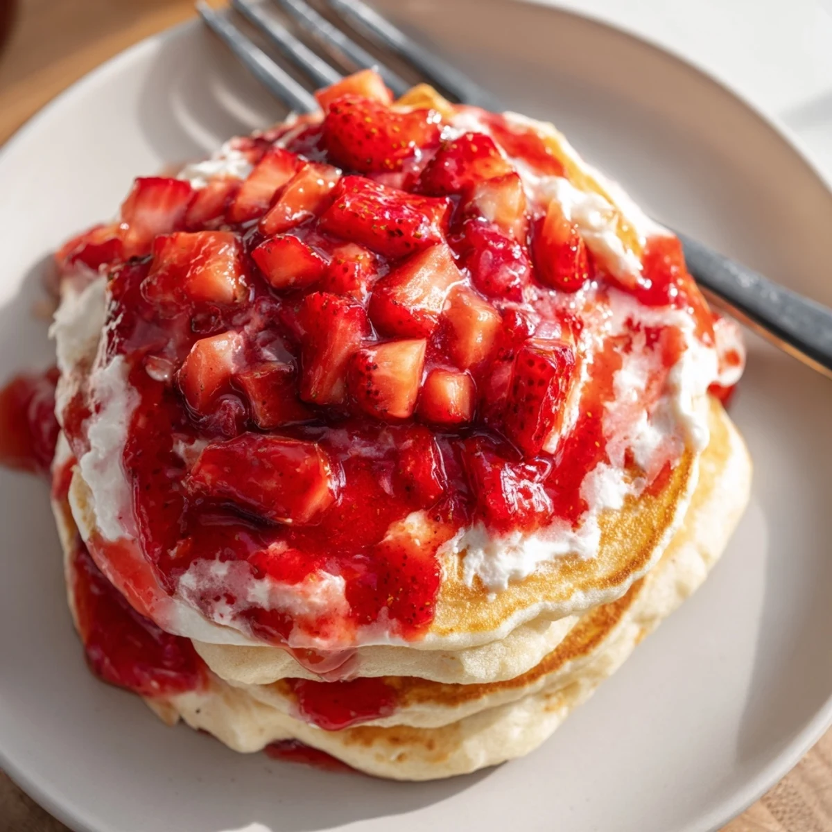 Fluffy Strawberry Cheesecake Pancakes stacked high, with a creamy swirl and fresh strawberry topping.
