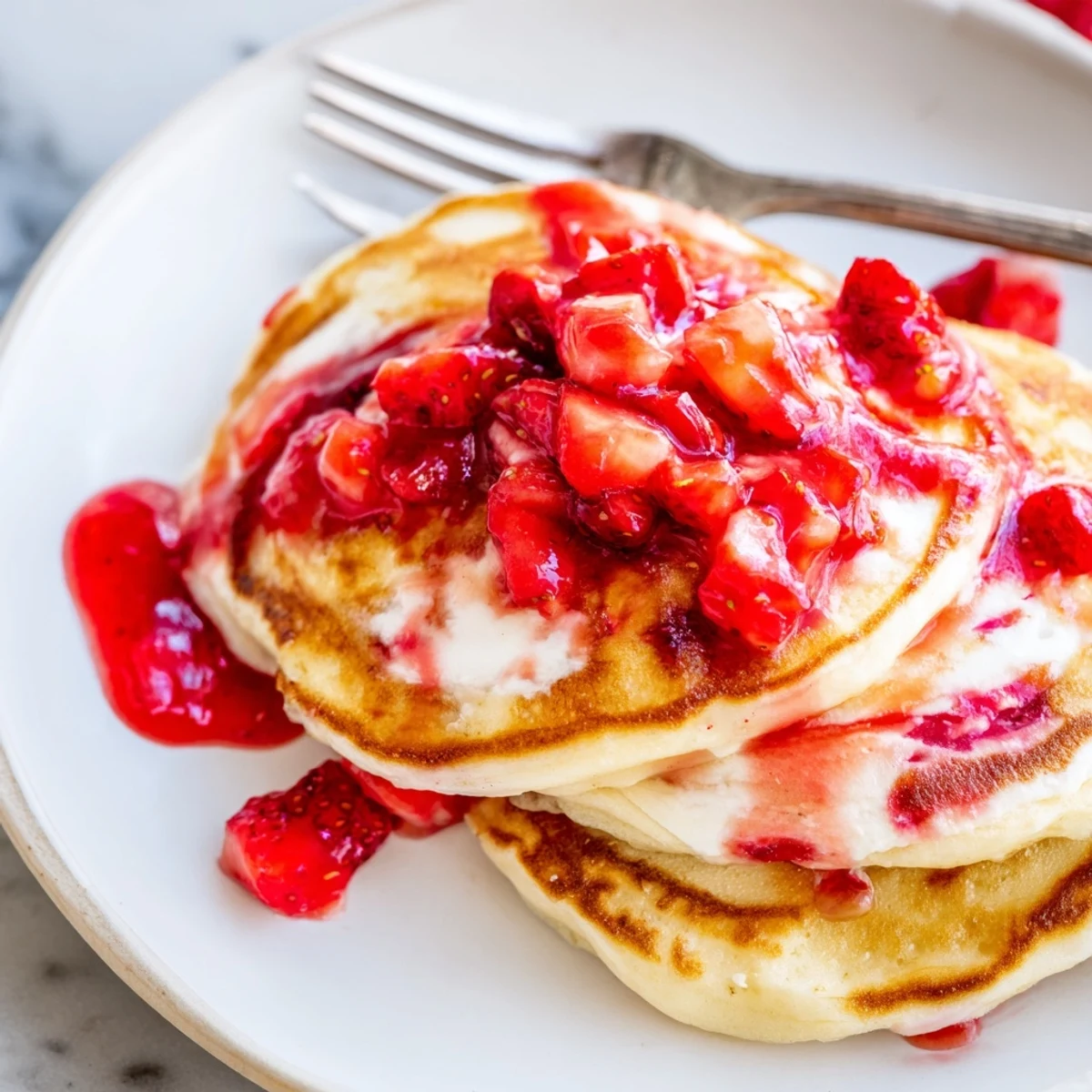 Golden Fluffy Strawberry Cheesecake Pancakes served warm with a dollop of whipped cream.