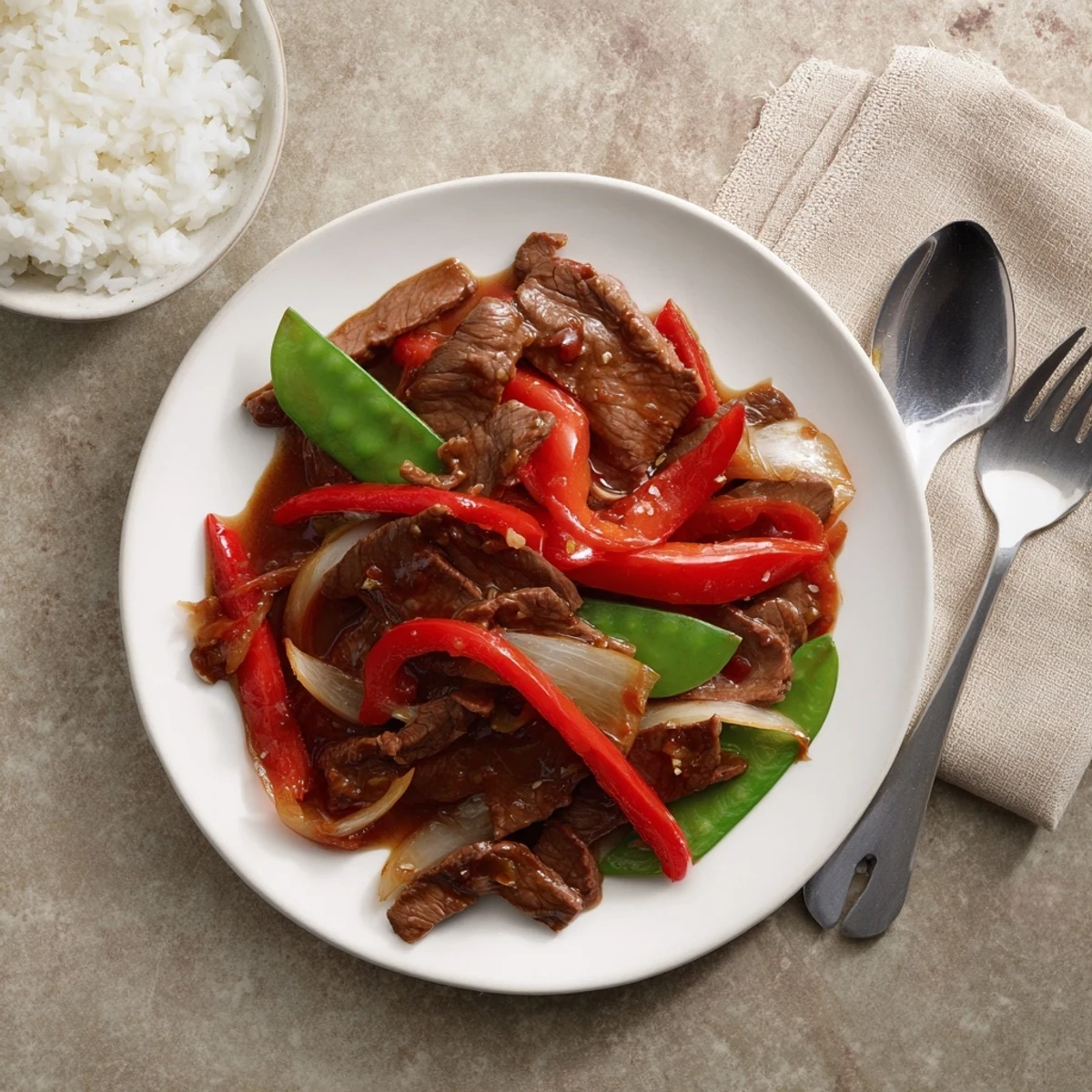 Steam rises from a skillet of Beef With Oyster Sauce paired with jasmine rice.