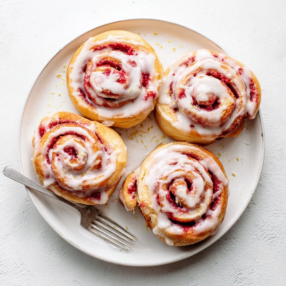 Freshly baked Raspberry Cinnamon Rolls With Lemon Glaze feature a vibrant red swirl on a rustic wooden table.