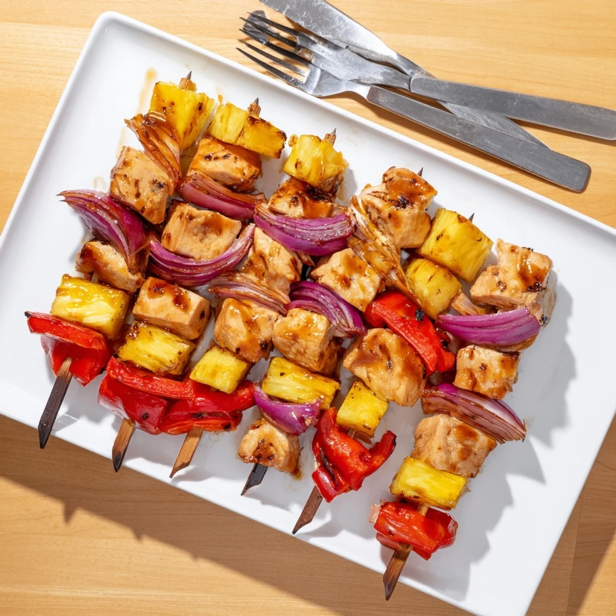 Grilled Chicken and Pineapple BBQ Skewers glistening with tangy barbecue sauce, served hot on a platter for summer grilling.