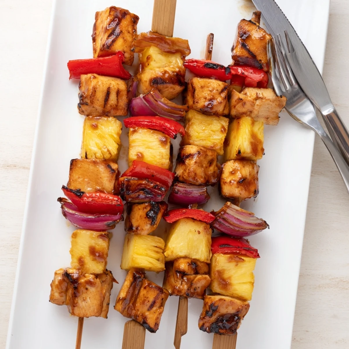 Juicy Chicken and Pineapple BBQ Skewers arranged on a plate with fresh lime wedges and cilantro garnish.
