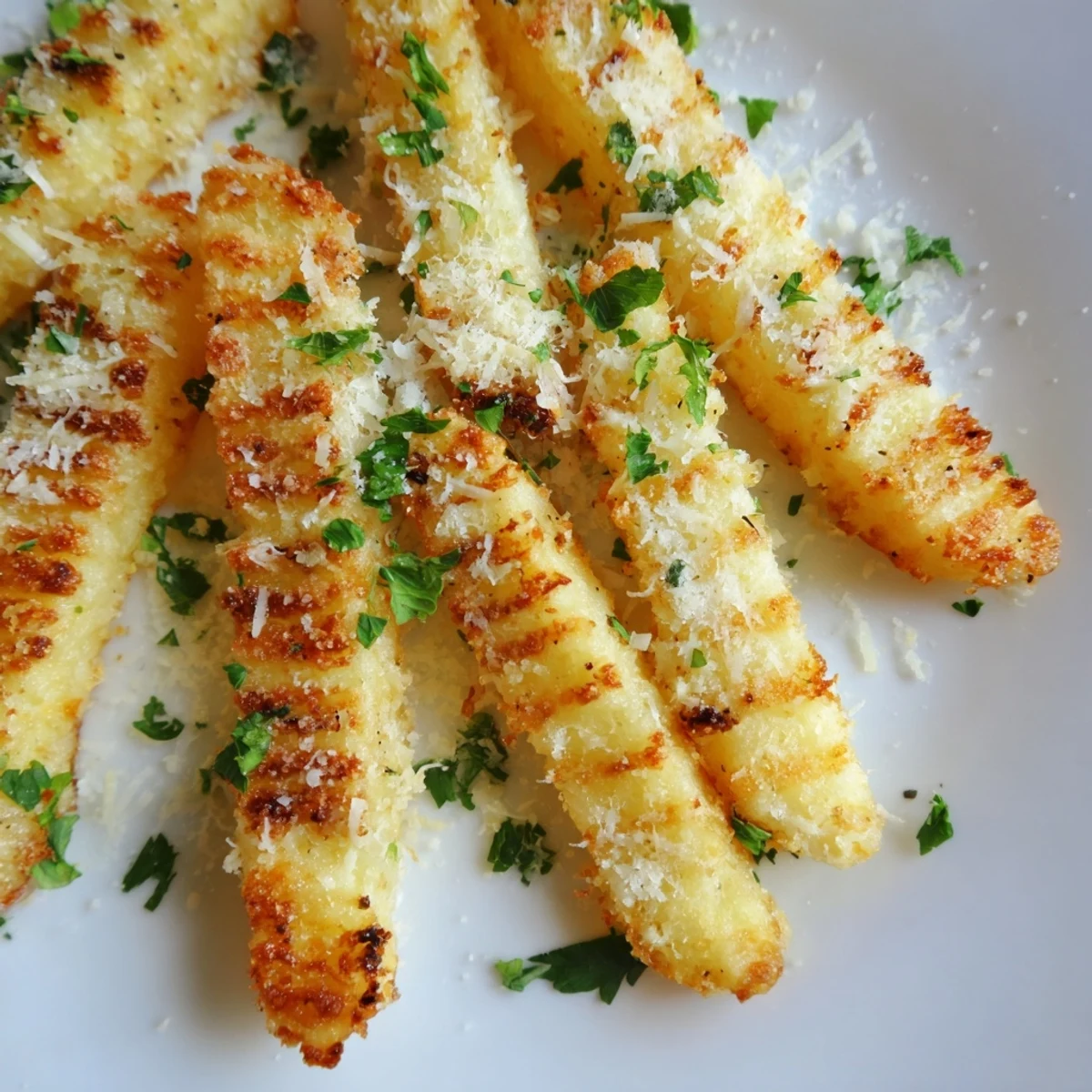 These Crispy Mashed Potato Fries are stacked high, garnished with parsley and grated Parmesan cheese.