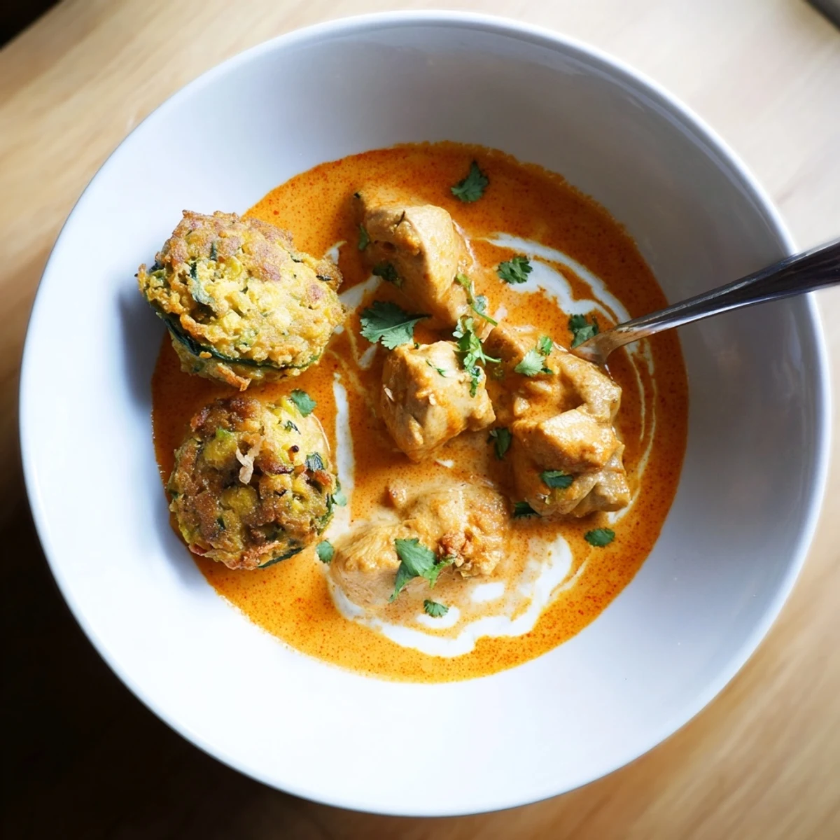 Savory Butter Chicken and Vegetable Fritters are plated together, garnished with fresh coriander on a rustic table.