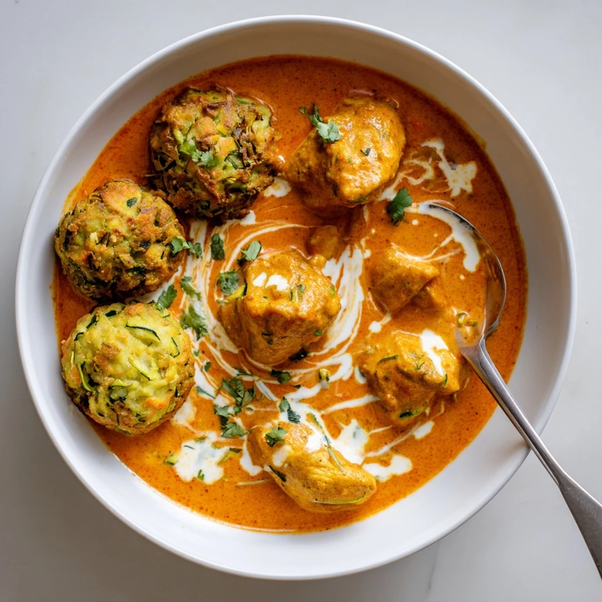 A close-up of golden, crispy vegetable fritters beside a bowl of creamy Butter Chicken and Vegetable Fritters.