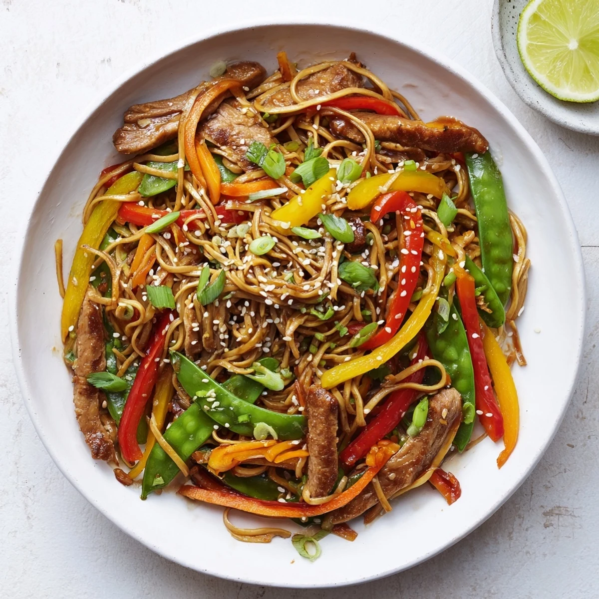 A close-up of Sweet Chilli Turkey Noodle Stir Fry with vibrant red bell peppers and julienned carrots.