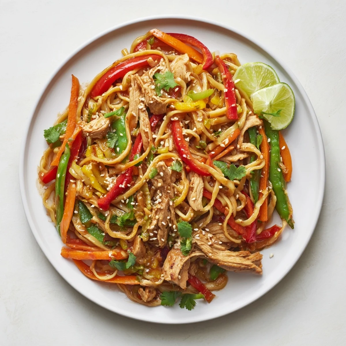 Sweet Chilli Turkey Noodle Stir Fry served hot on a white plate with lime wedges and sesame seeds.