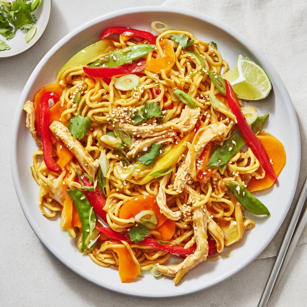 Stir-fried turkey strips and silky egg noodles tossed in a sweet and tangy chilli sauce in a wok.