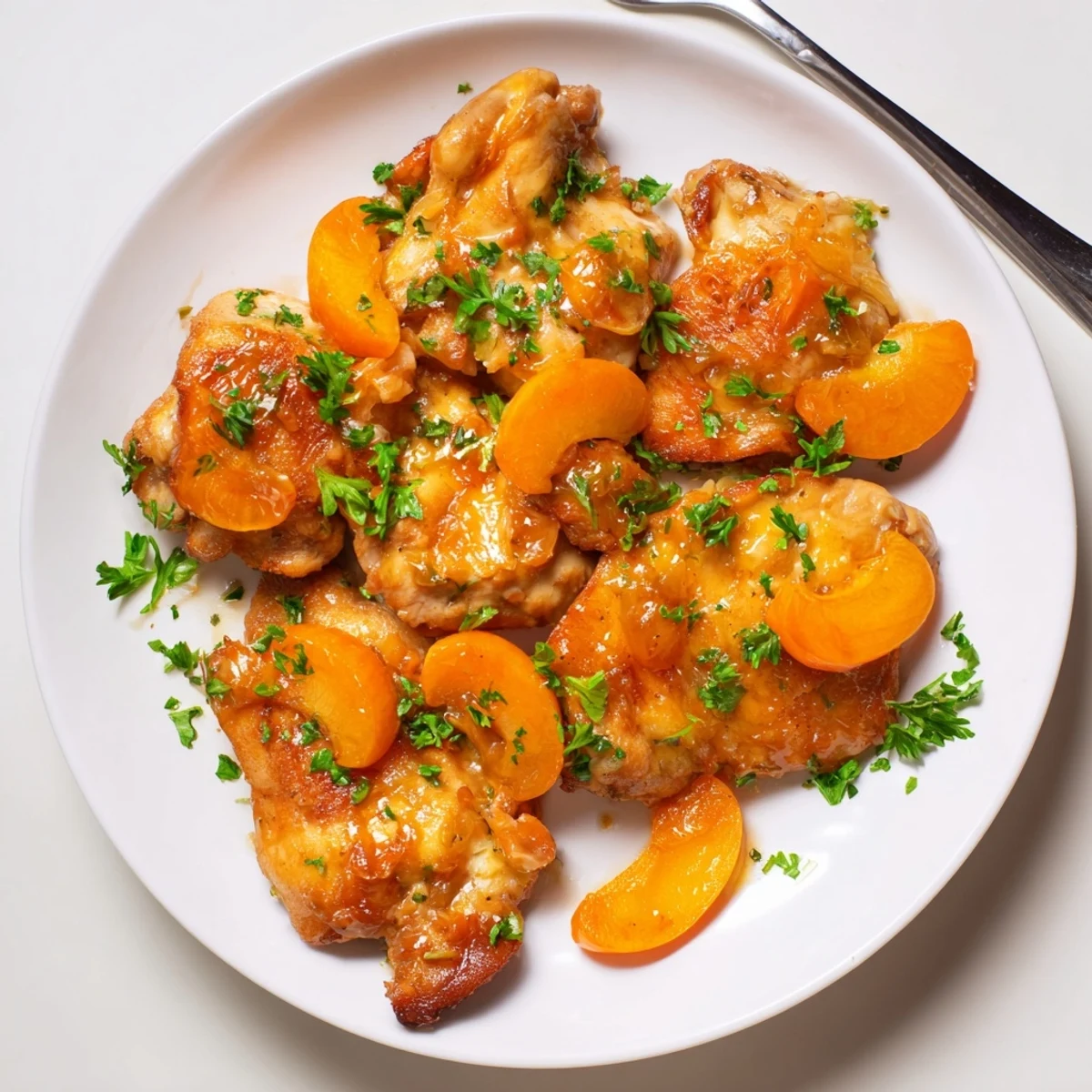 Close-up of tender Classic Apricot Chicken in a skillet, showing the thick, sweet and tangy apricot glaze.