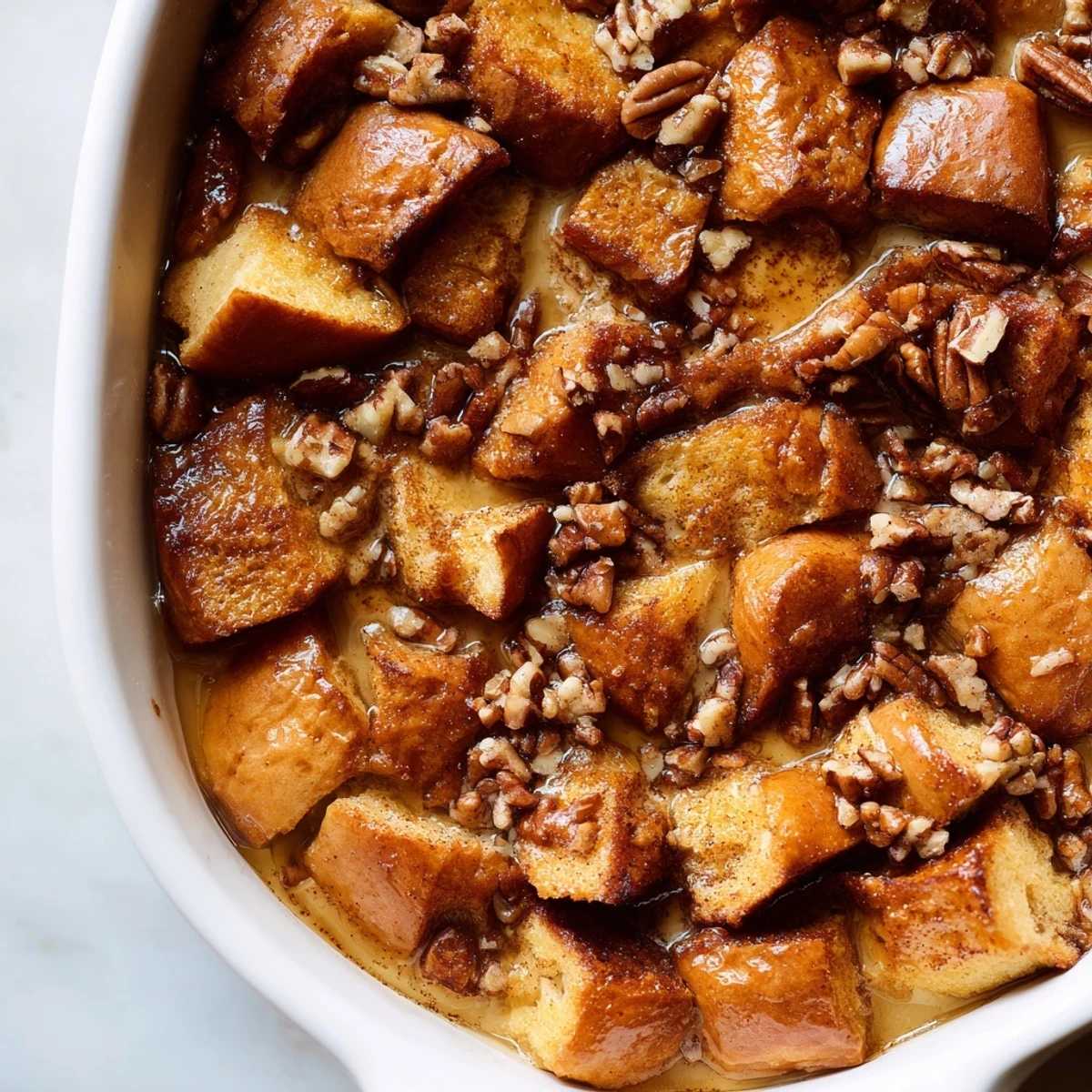 Golden brown French Toast Casserole topped with caramelized pecans, glistening with maple syrup in a rustic baking dish.
