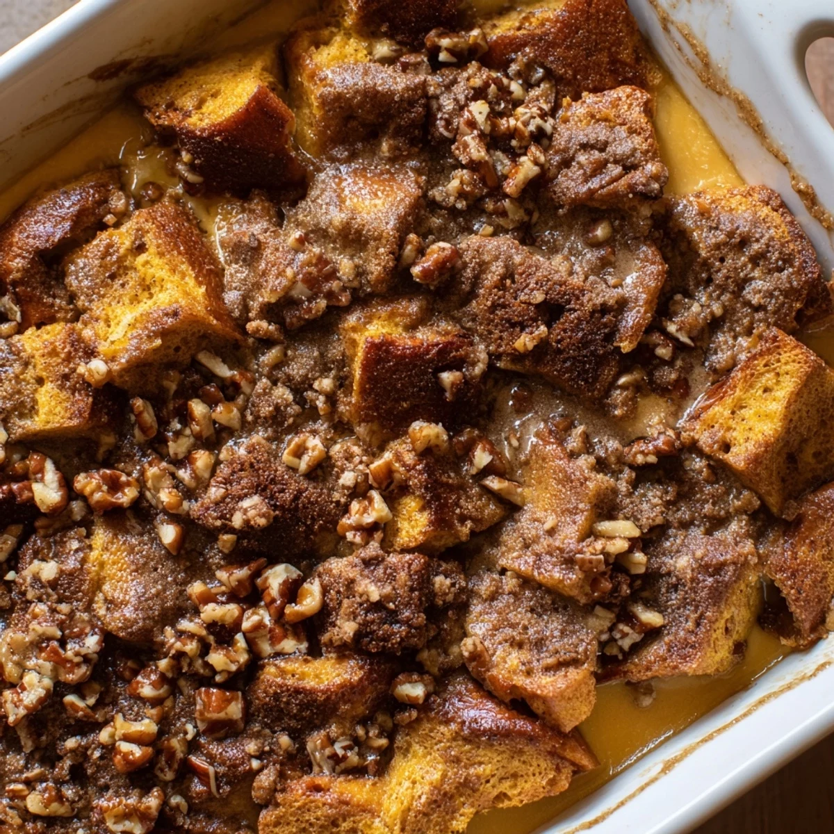 Freshly baked French Toast Casserole reveals fluffy custard-soaked brioche cubes in a white ceramic baking dish.