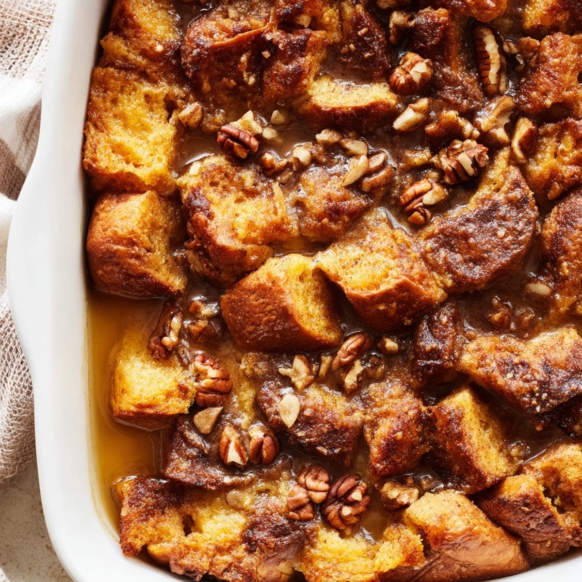 A slice of French Toast Casserole on a plate with fresh berries and a dusting of powdered sugar.
