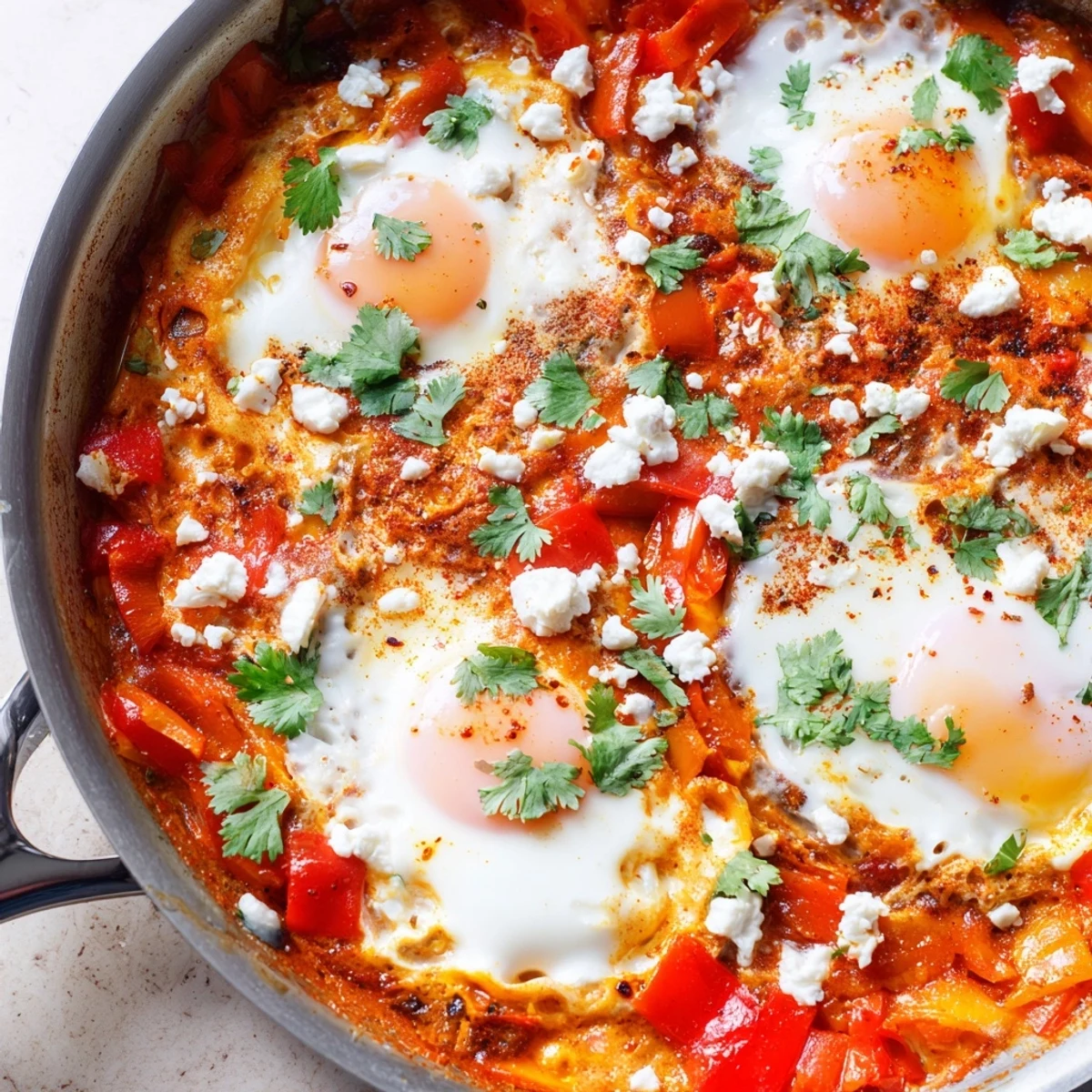 A steaming skillet of Quick Shakshuka Eggs with runny yolks in a rich tomato sauce, perfect for brunch.