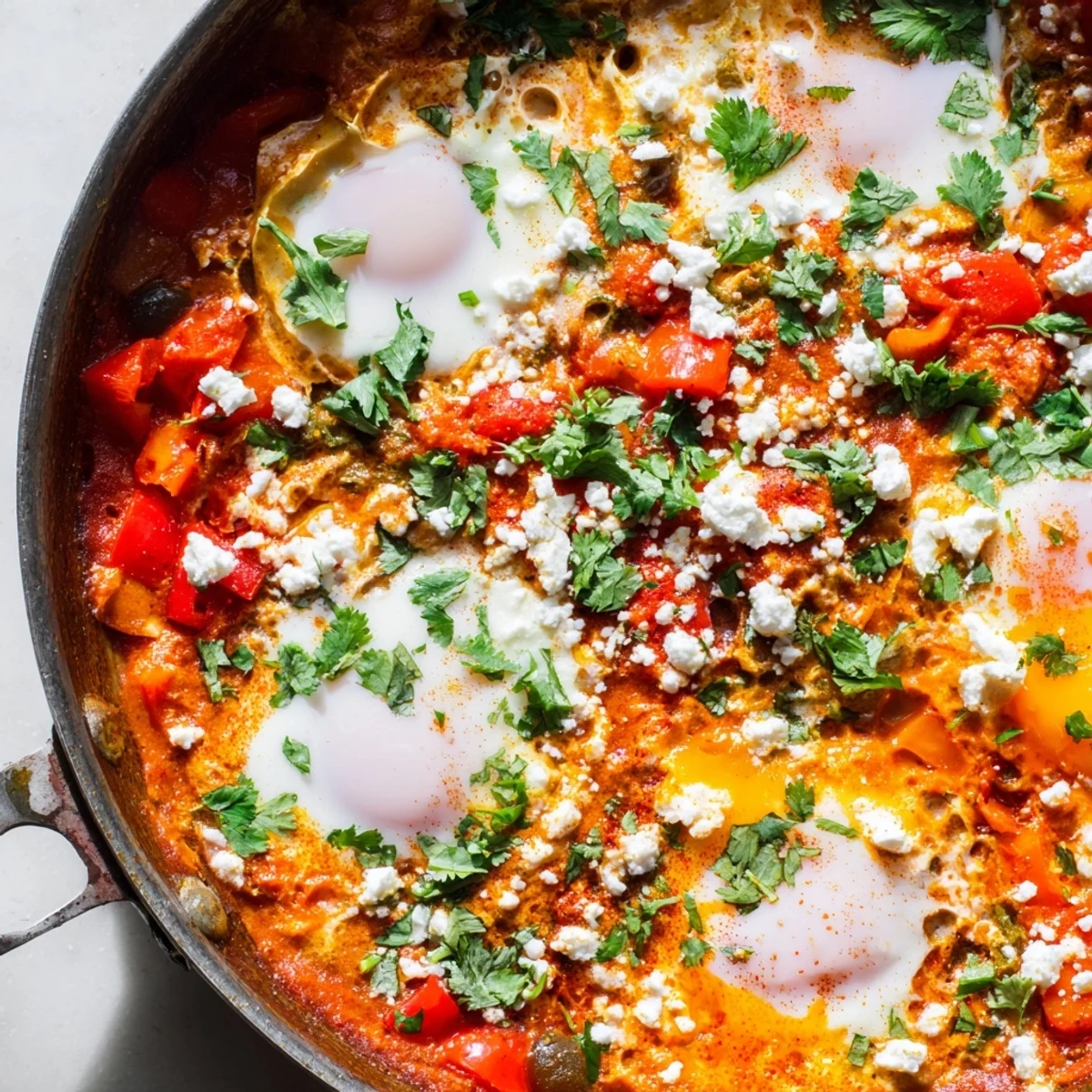 Close-up of Quick Shakshuka Eggs, showing vibrant red pepper sauce and warm crusty bread for dipping.