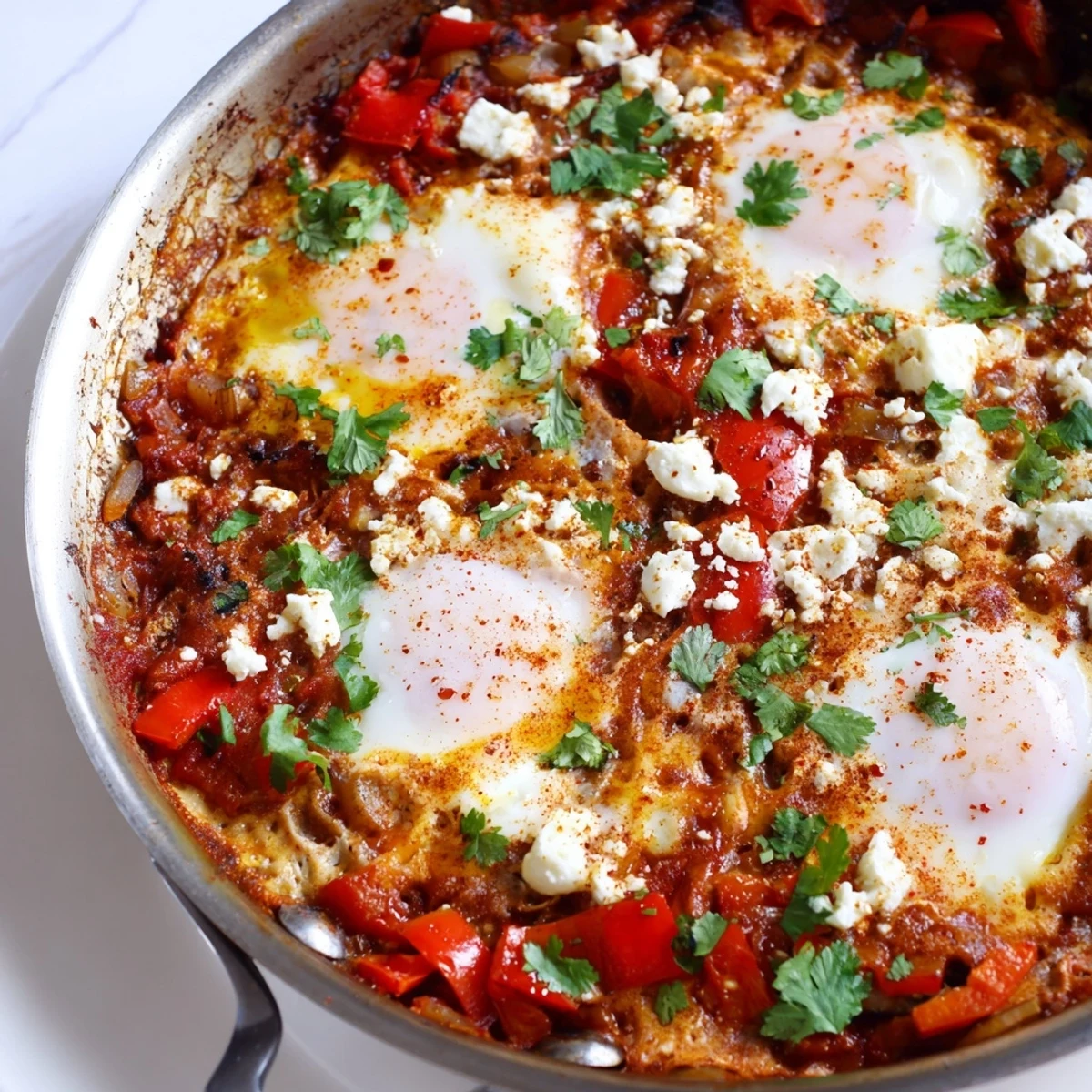 Quick Shakshuka Eggs served in a cast-iron skillet, garnished with fresh cilantro and crumbled feta cheese.