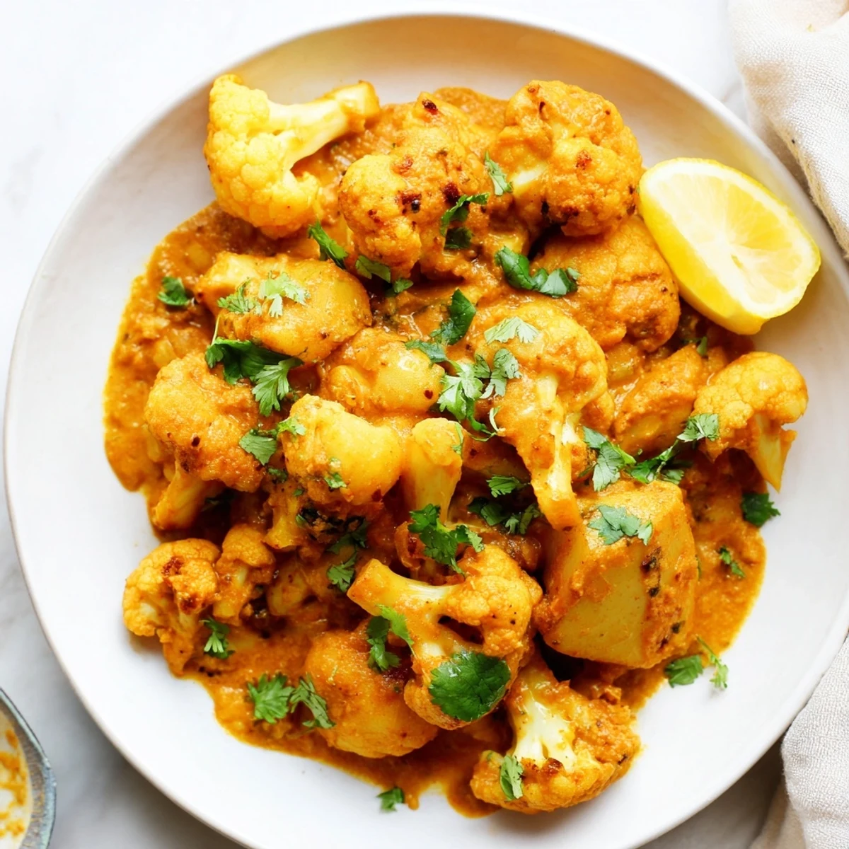 Steaming cubes of tender potatoes and cauliflower florets in a rich, buttery tomato sauce for Indian Butter Spiced Potatoes and Cauliflower.