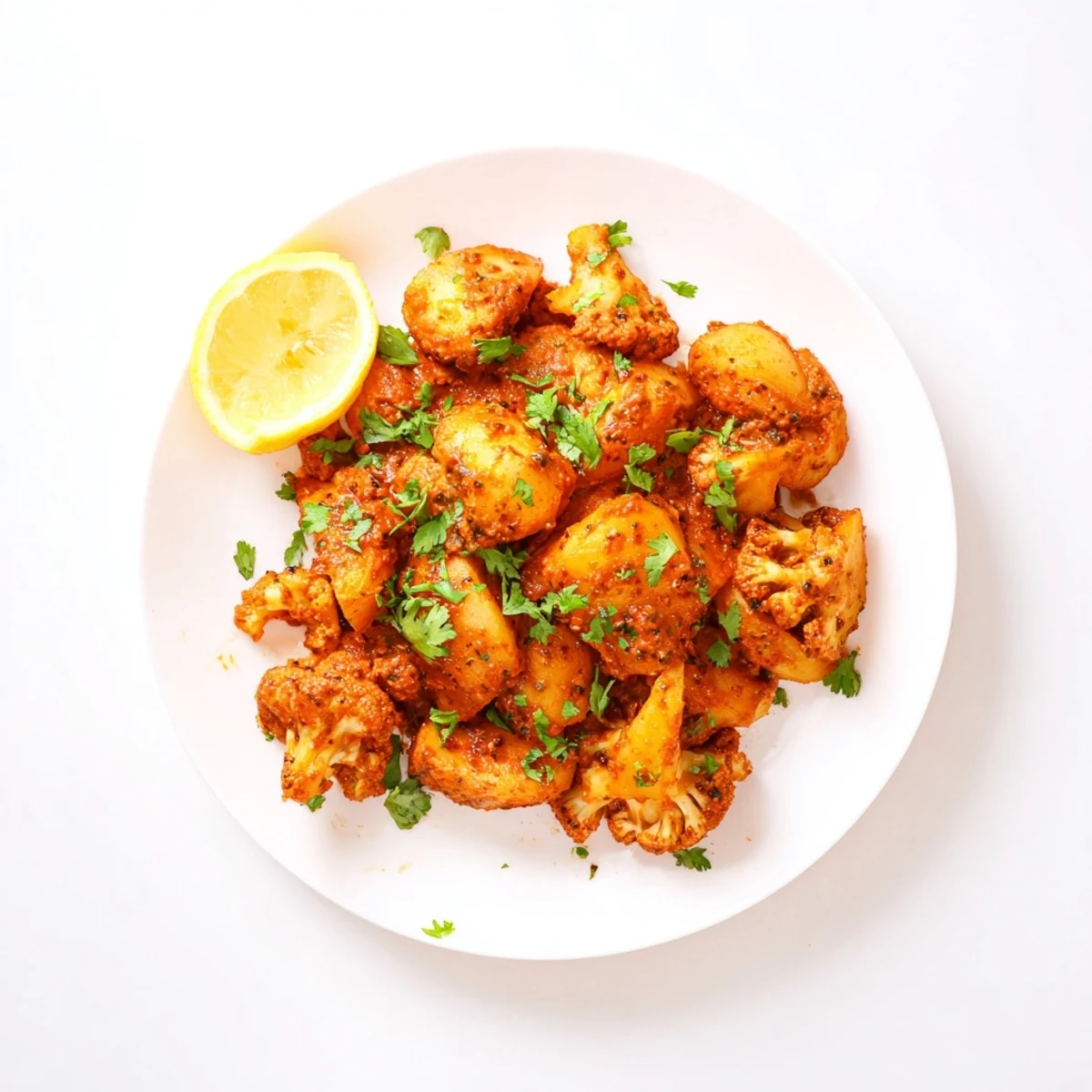 Serving suggestion of Indian Butter Spiced Potatoes and Cauliflower alongside fluffy basmati rice and warm naan bread.