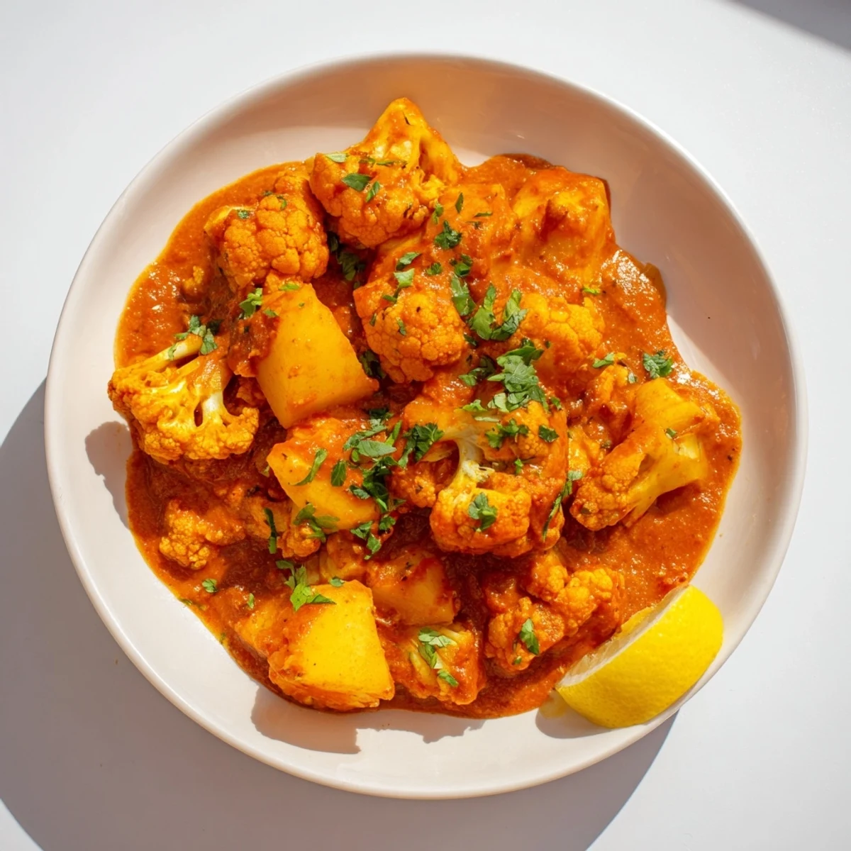 A close-up shows fragrant Indian spices coating the creamy vegetarian main, garnished with fresh cilantro and lemon wedges.