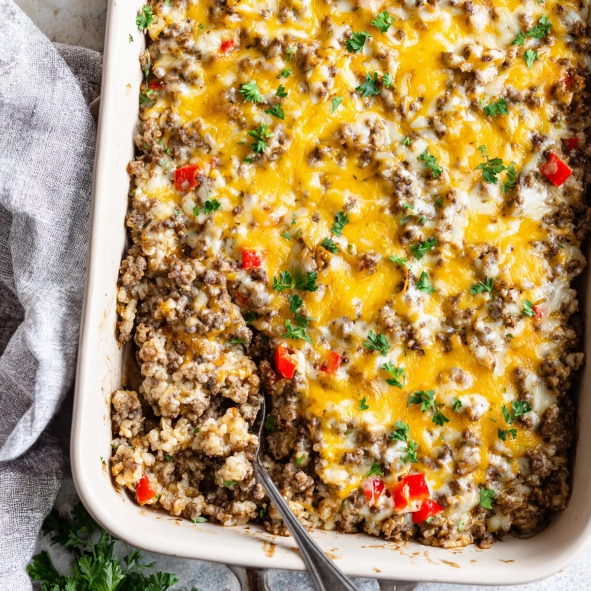 Golden bubbly cheese tops the Ground Beef Casserole with Cauliflower Rice, served in a warm dish next to a fresh salad.