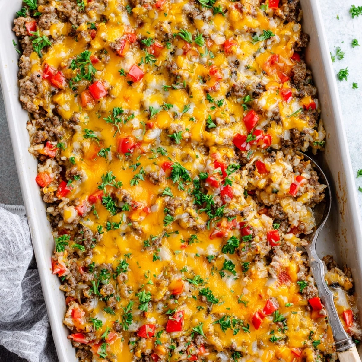 Close-up of the Ground Beef Casserole with Cauliflower Rice, showing golden mozzarella and cheddar melted over a low-carb filling.