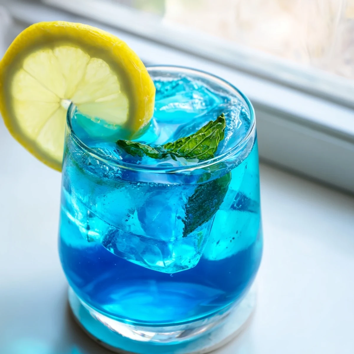A vibrant Blue Spirulina Lemonade in a glass with ice and fresh mint garnish.