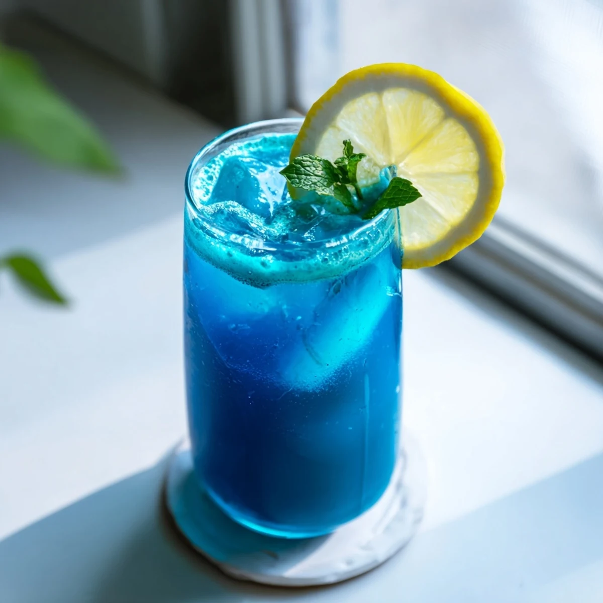 Blue Spirulina Lemonade in a pitcher, with lemon slices and mint leaves for summer.
