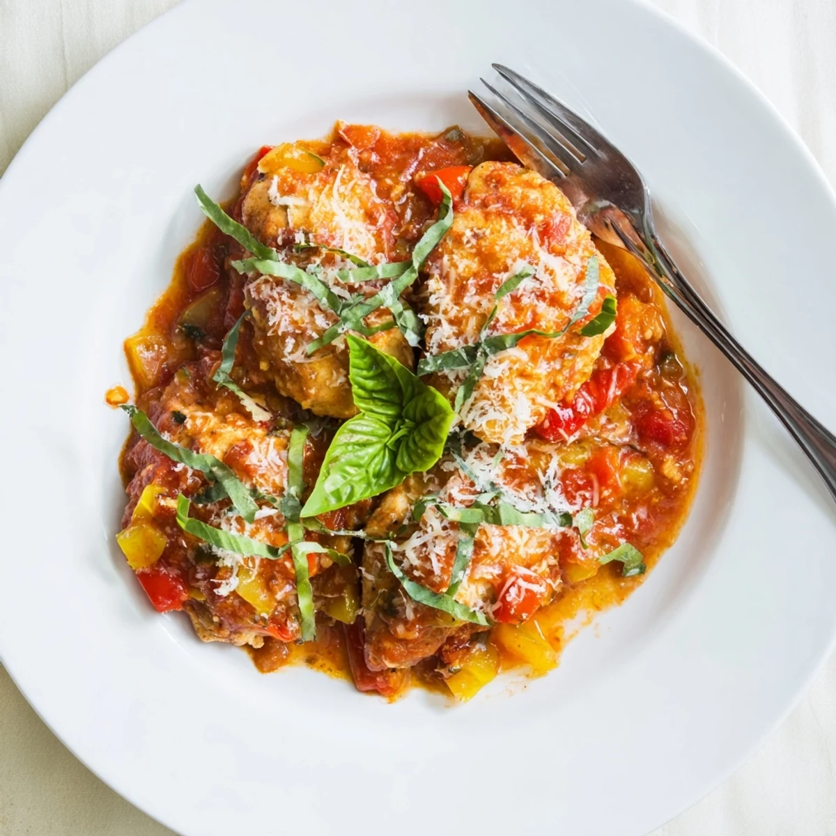 Tender chicken breasts in Slow Cooker Tomato Basil Chicken simmer in a rich, aromatic tomato sauce with fresh basil.