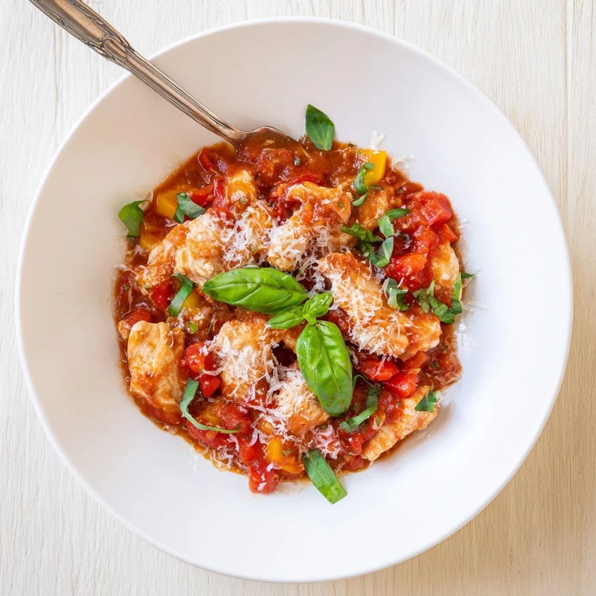 Golden, shredded Slow Cooker Tomato Basil Chicken served over steamed rice with melted Parmesan and fresh basil garnish.
