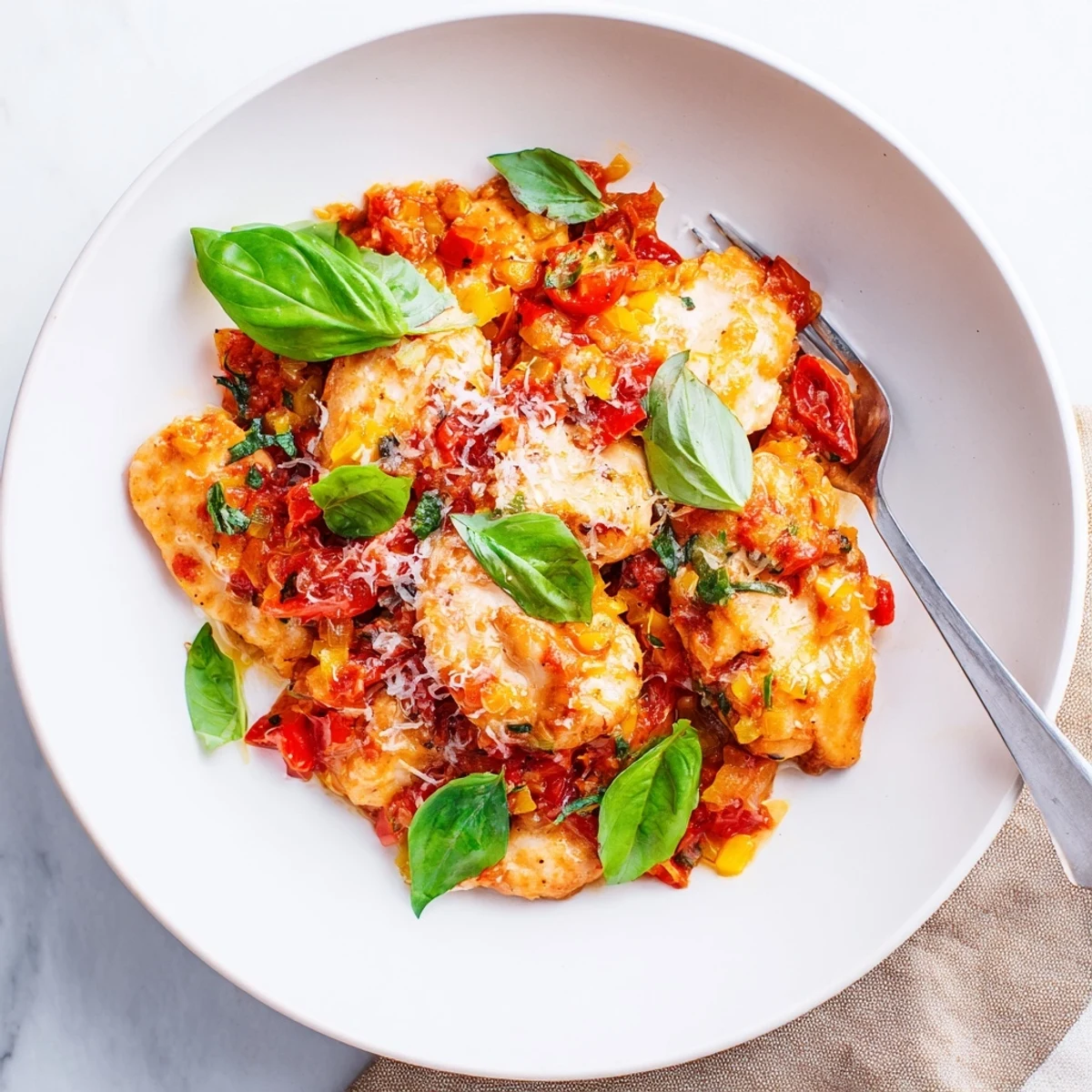 Close-up of Slow Cooker Tomato Basil Chicken in the slow cooker, bubbling red sauce with fresh basil and garlic.