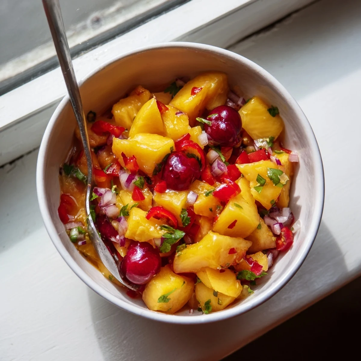 A bowl of Healthy Peach Cherry Salsa with diced ripe peaches and sweet cherries, garnished with cilantro and a lime wedge.