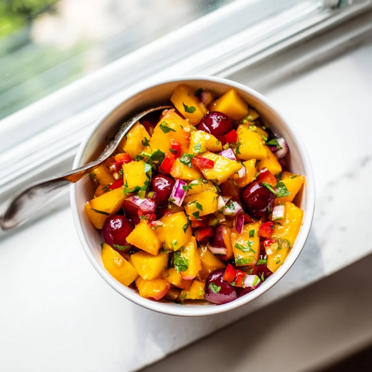 Vibrant, chunky Healthy Peach Cherry Salsa featuring fresh peaches, cherries, red onion, and jalapeño, ready to enjoy.