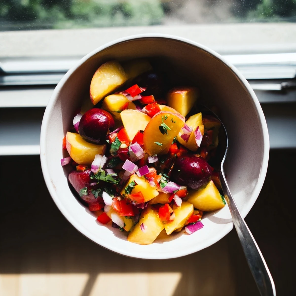 Healthy Peach Cherry Salsa served chilled in a white bowl, perfect with tortilla chips or on grilled chicken.