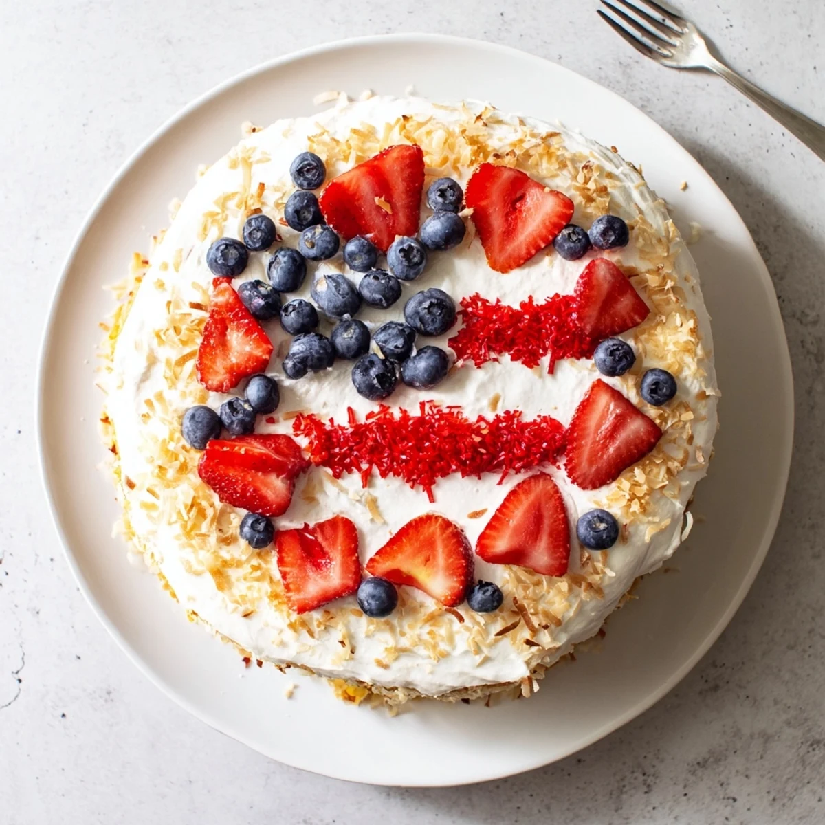 Sliced wedge of the Pineapple Coconut God Bless America Cake on a white plate, revealing tender crumb with pineapple and coconut flecks, served with a dollop of frosting.