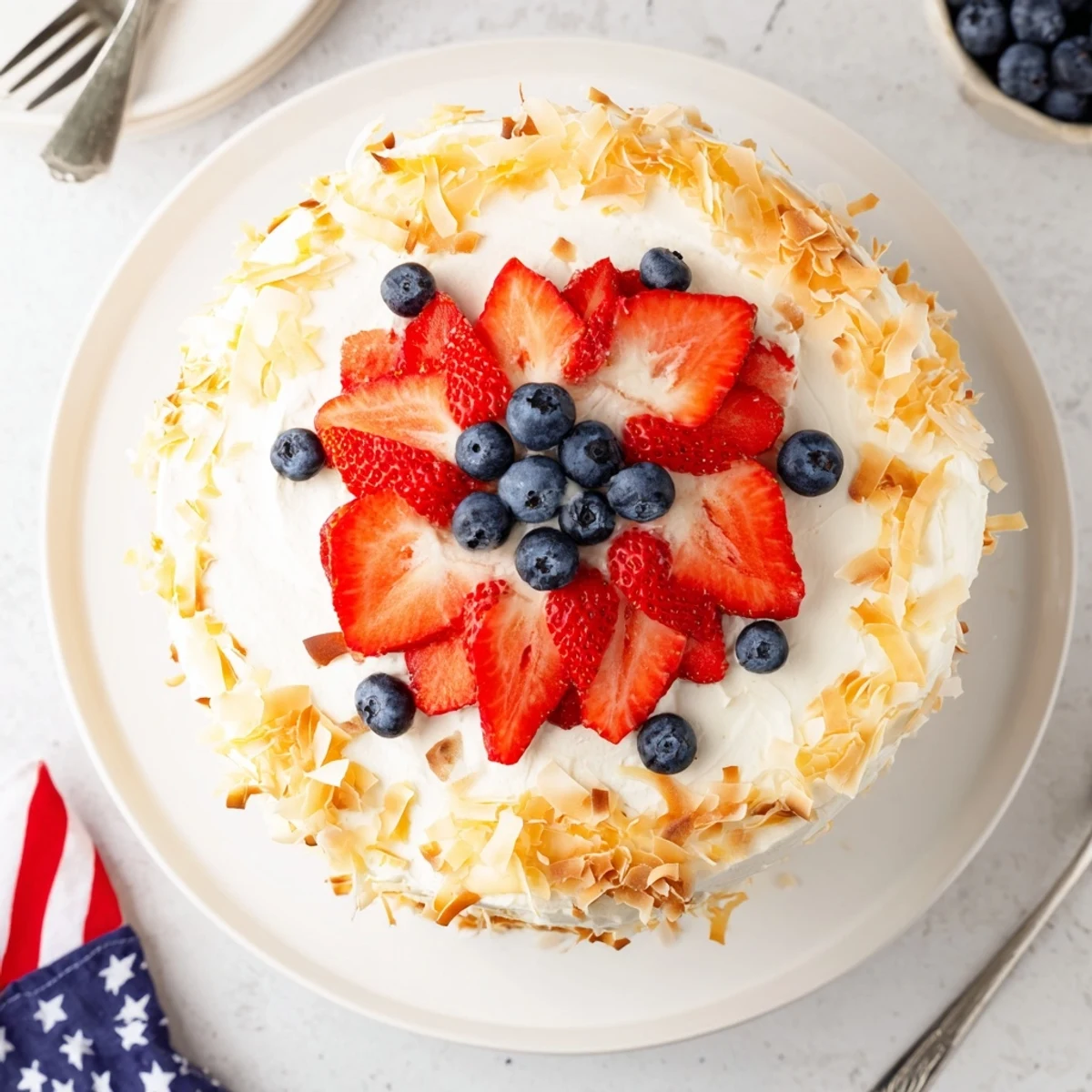 A close-up of the Pineapple Coconut God Bless America Cake, with moist layers peeking through swirls of cream cheese frosting and fresh red and blue berries.