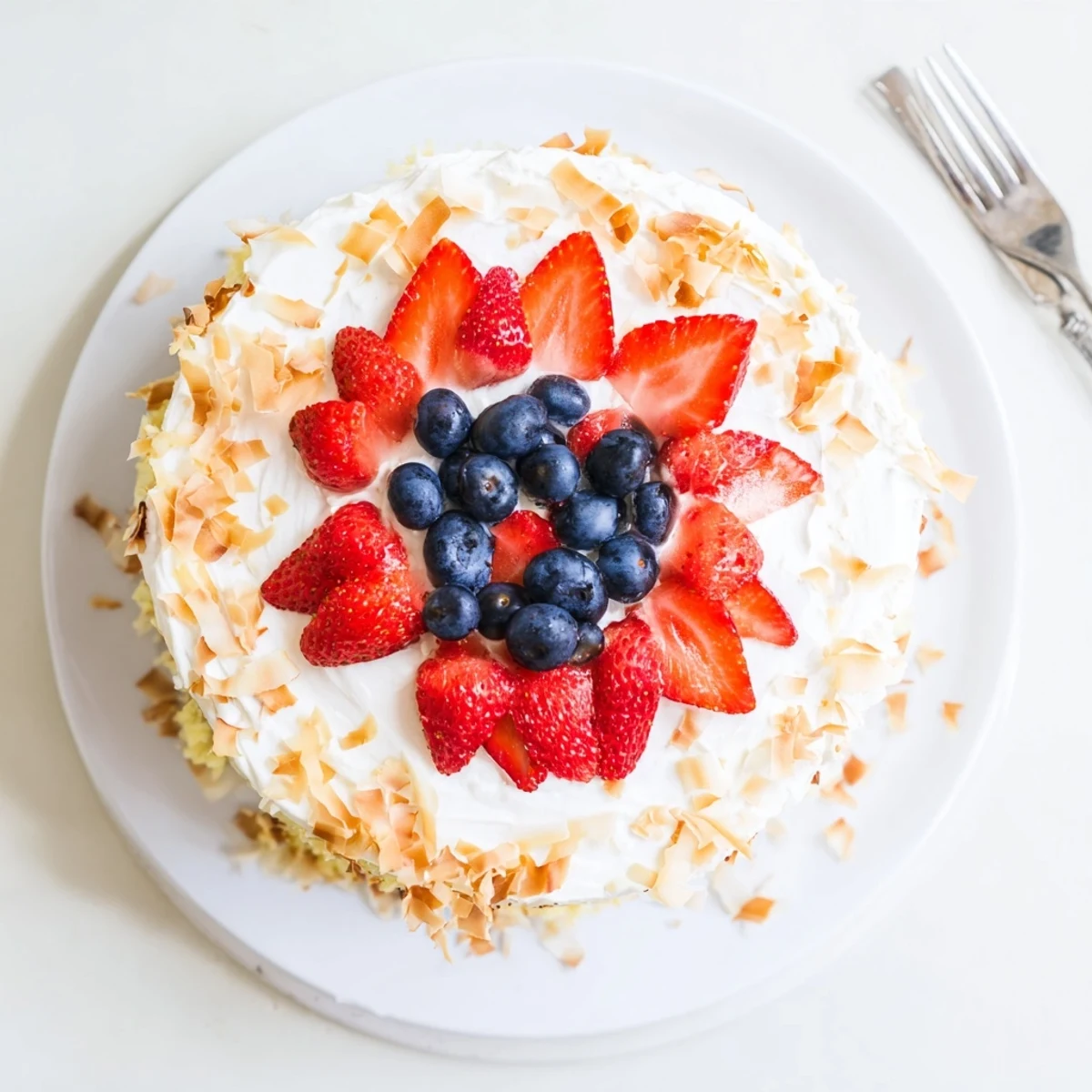 Patriotic-style Pineapple Coconut God Bless America Cake decorated with strawberries and blueberries, ready to serve at a festive celebration on a wooden kitchen counter.