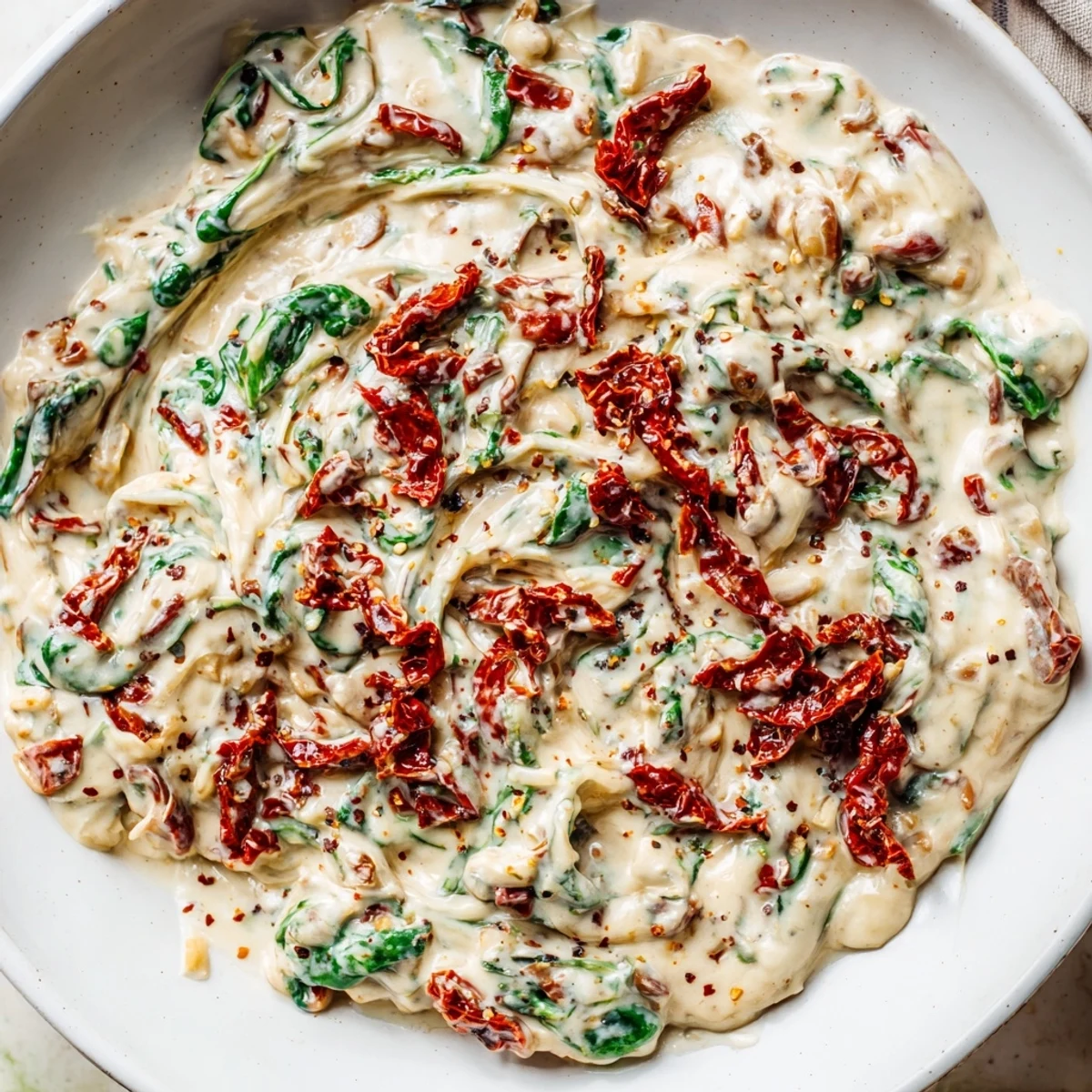 A warm skillet of Creamy Tuscan Garlic Sauce, with wilted spinach and sun-dried tomatoes, ready to serve over pasta.