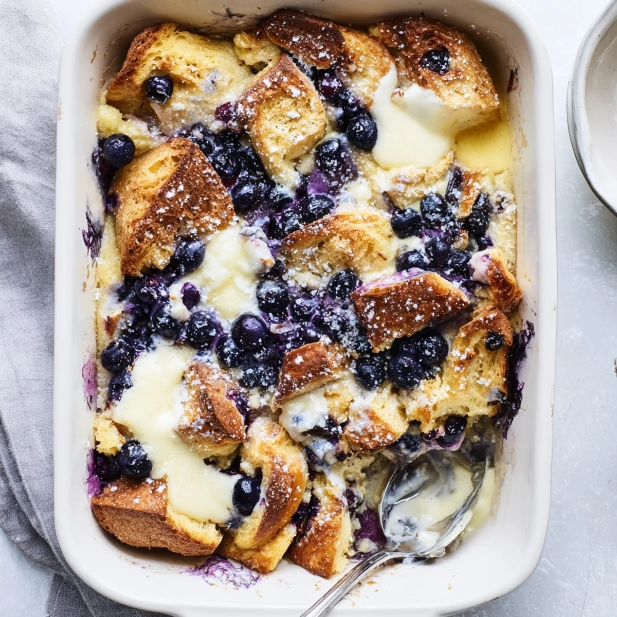 Warm Blueberry Cream Cheese Croissant Casserole is served on a rustic wooden table next to a glass of orange juice for brunch.