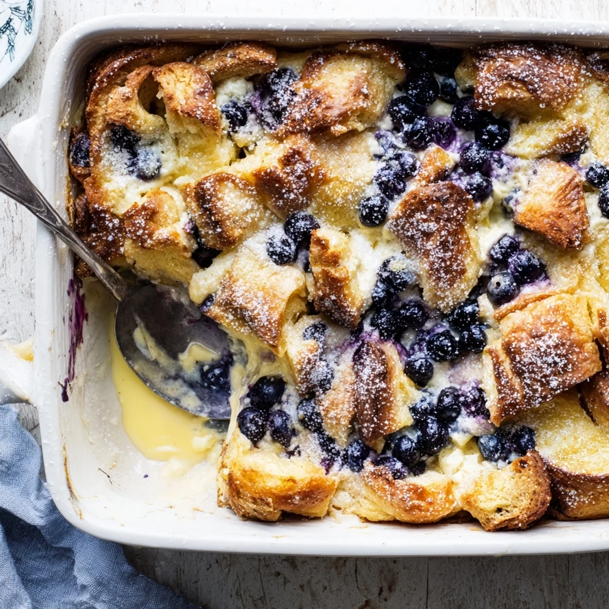 Slices of the Blueberry Cream Cheese Croissant Casserole reveal soft custard layers, melted cream cheese, and plump blueberries on a ceramic platter.