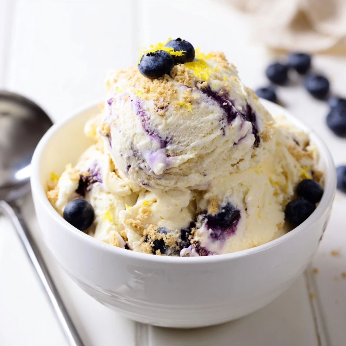 A scoop of creamy Lemon Blueberry Cheesecake Ice Cream swirled with blueberry sauce sits in a chilled bowl.