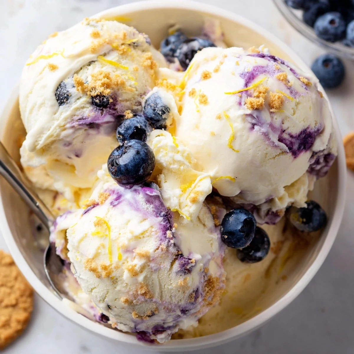 Fresh blueberries and lemon zest garnish this homemade ice cream dessert, perfect for a sunny summer treat.