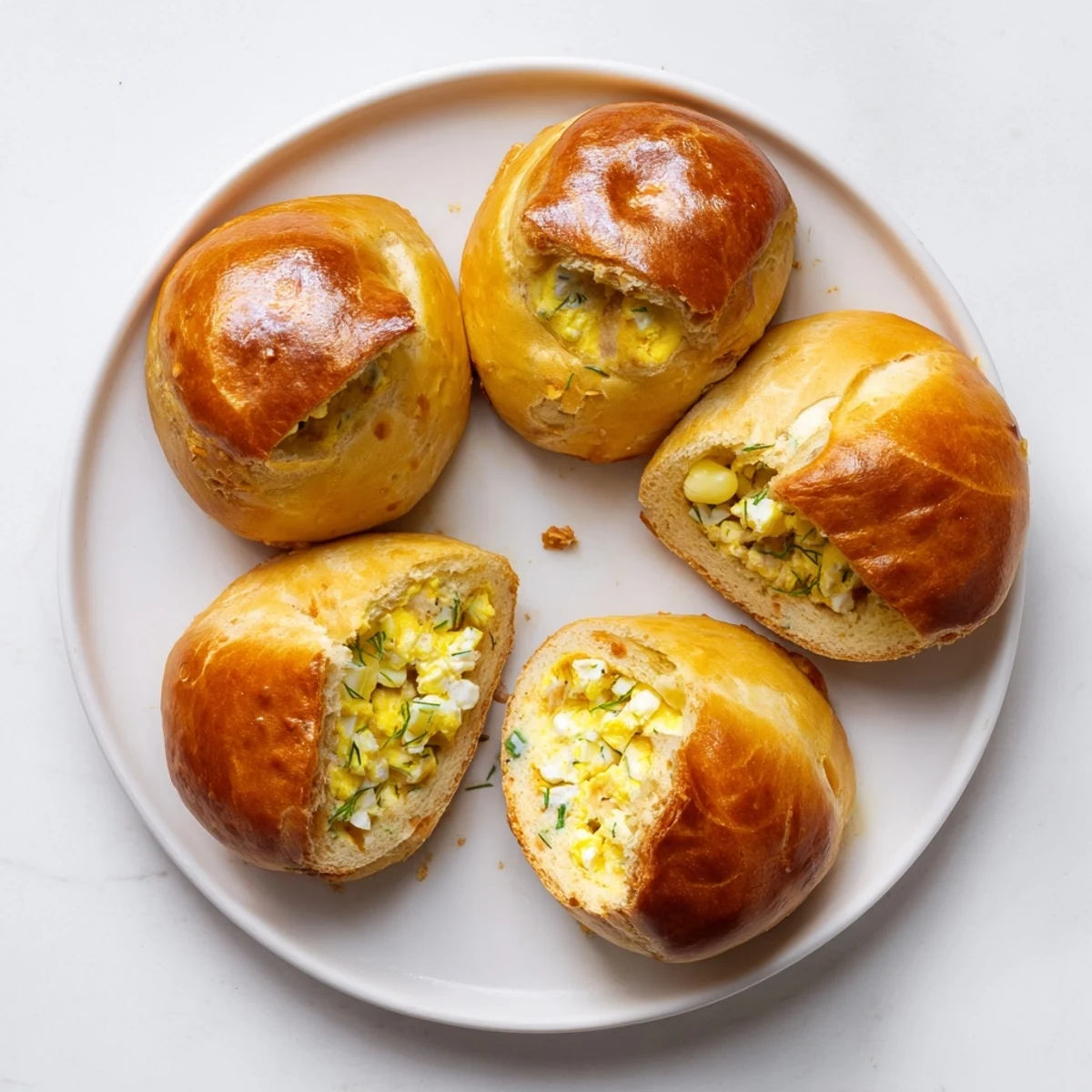 Golden-brown Cheesy Egg and Cheese Piroshki pastries on a rustic board with fresh dill.