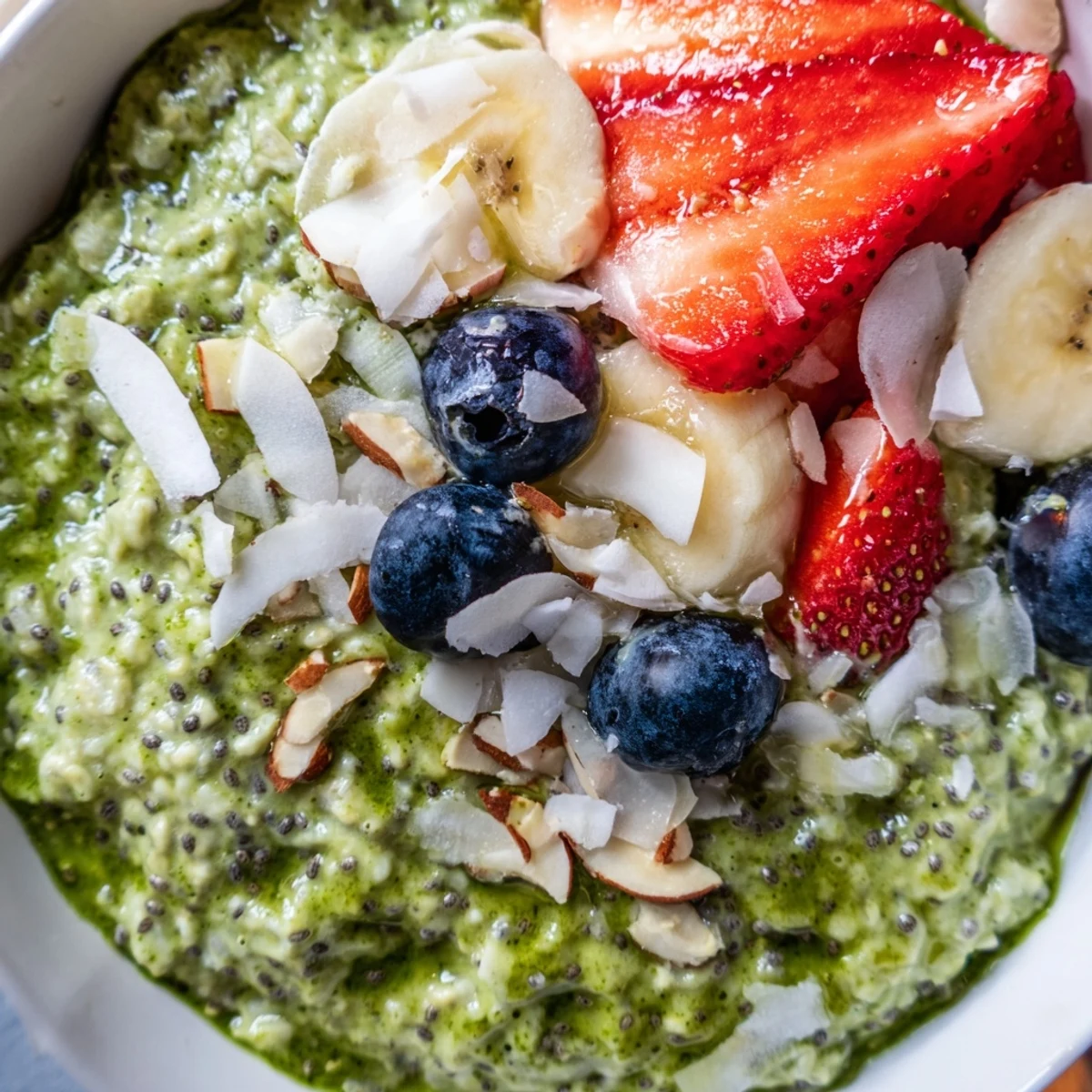 A close-up of Matcha Protein Overnight Oats in a glass jar, topped with fresh blueberries and sliced banana for a nourishing breakfast.