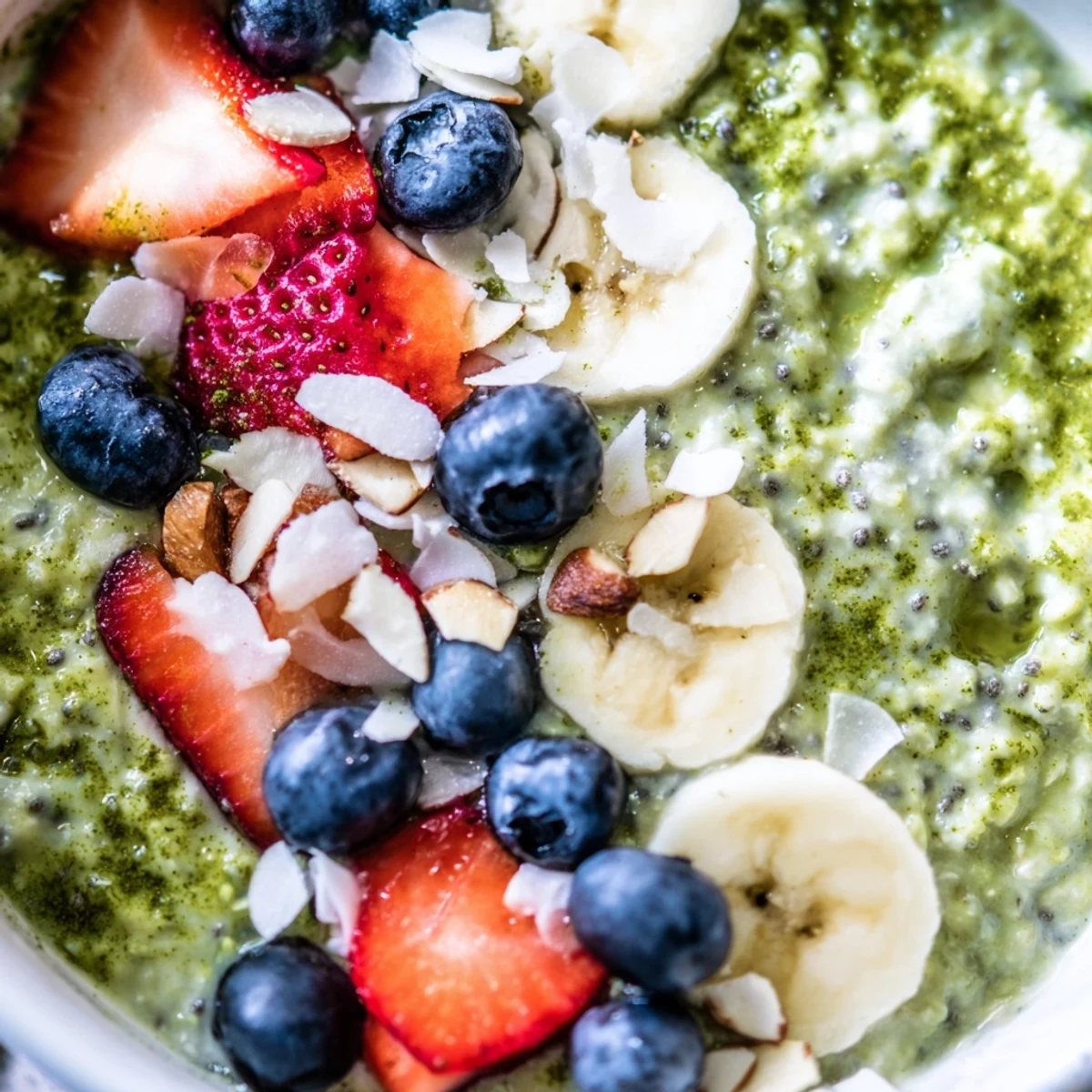 Healthy Matcha Protein Overnight Oats in a bowl, garnished with fresh raspberries and a drizzle of honey for a delicious, protein-packed start to your day.