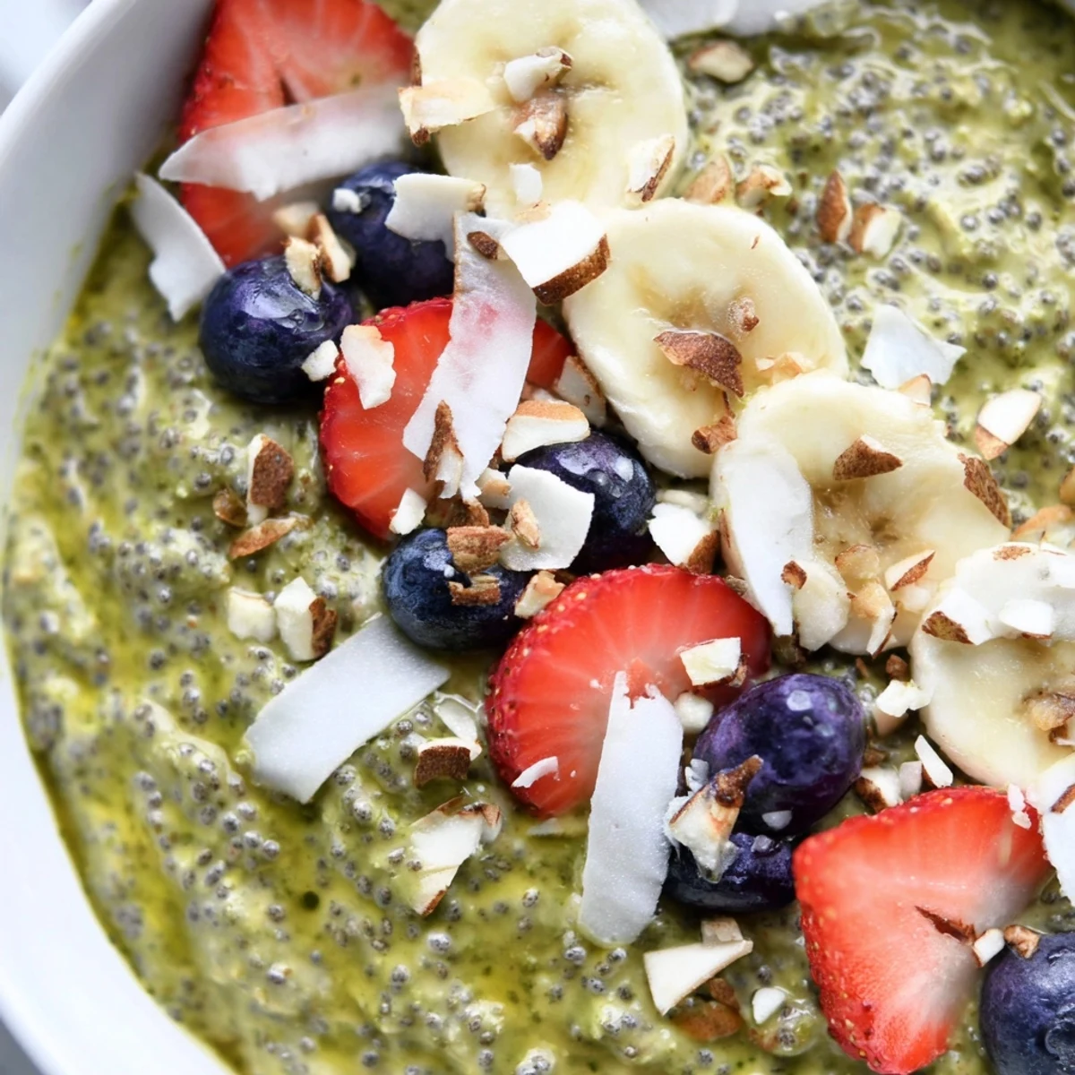 Creamy green Matcha Protein Overnight Oats in a jar, topped with toasted coconut flakes and sliced strawberries for an energizing morning meal.