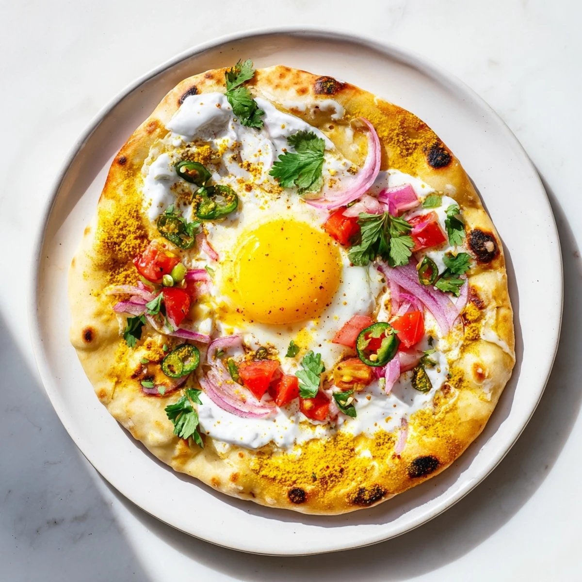 Freshly warmed buttered naan is topped with golden curried fried eggs, vibrant diced tomatoes, and a creamy tangy yogurt drizzle.